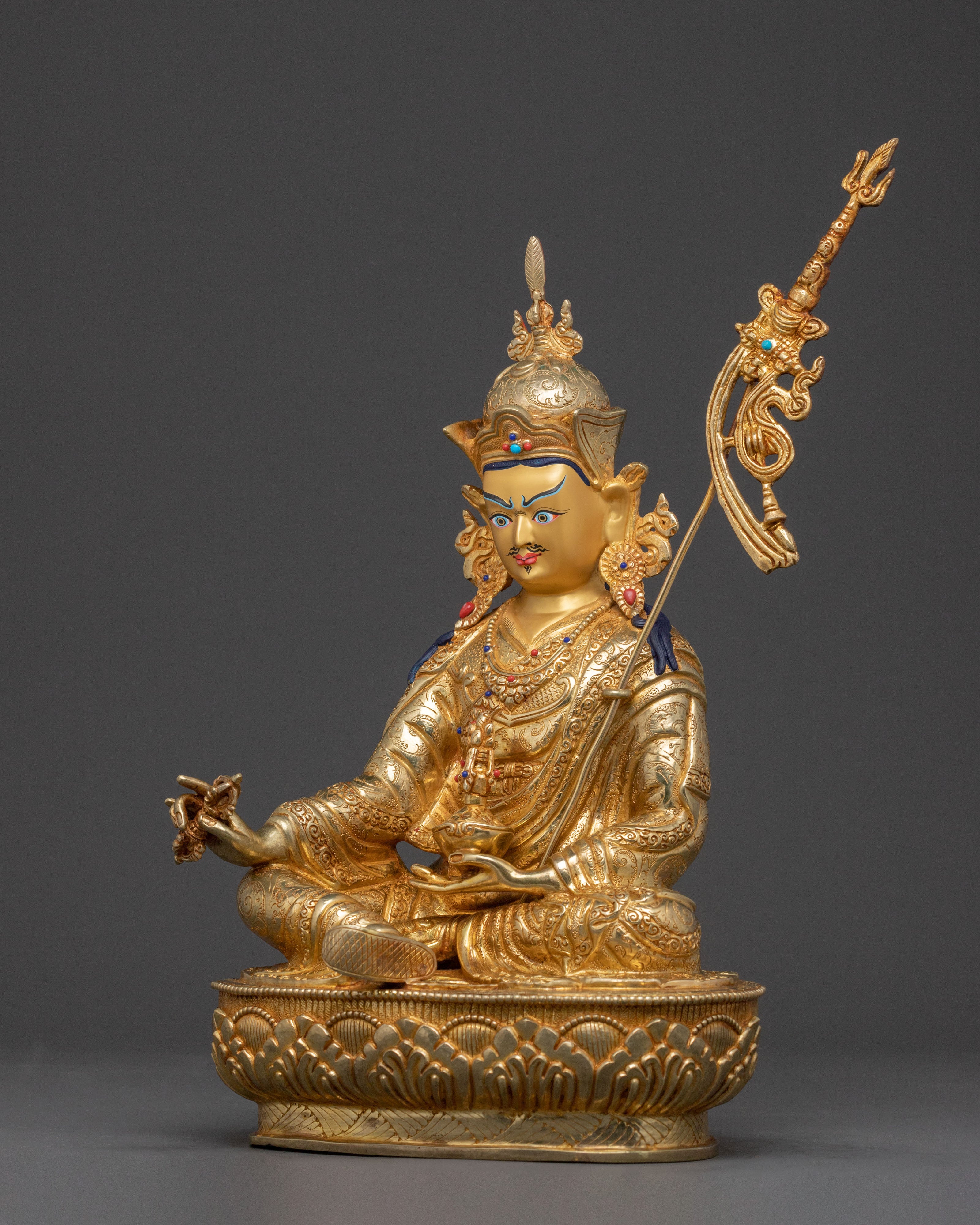 Guru Rinpoche Spiritual Protector Statue: 24K Gold Gilded Statue