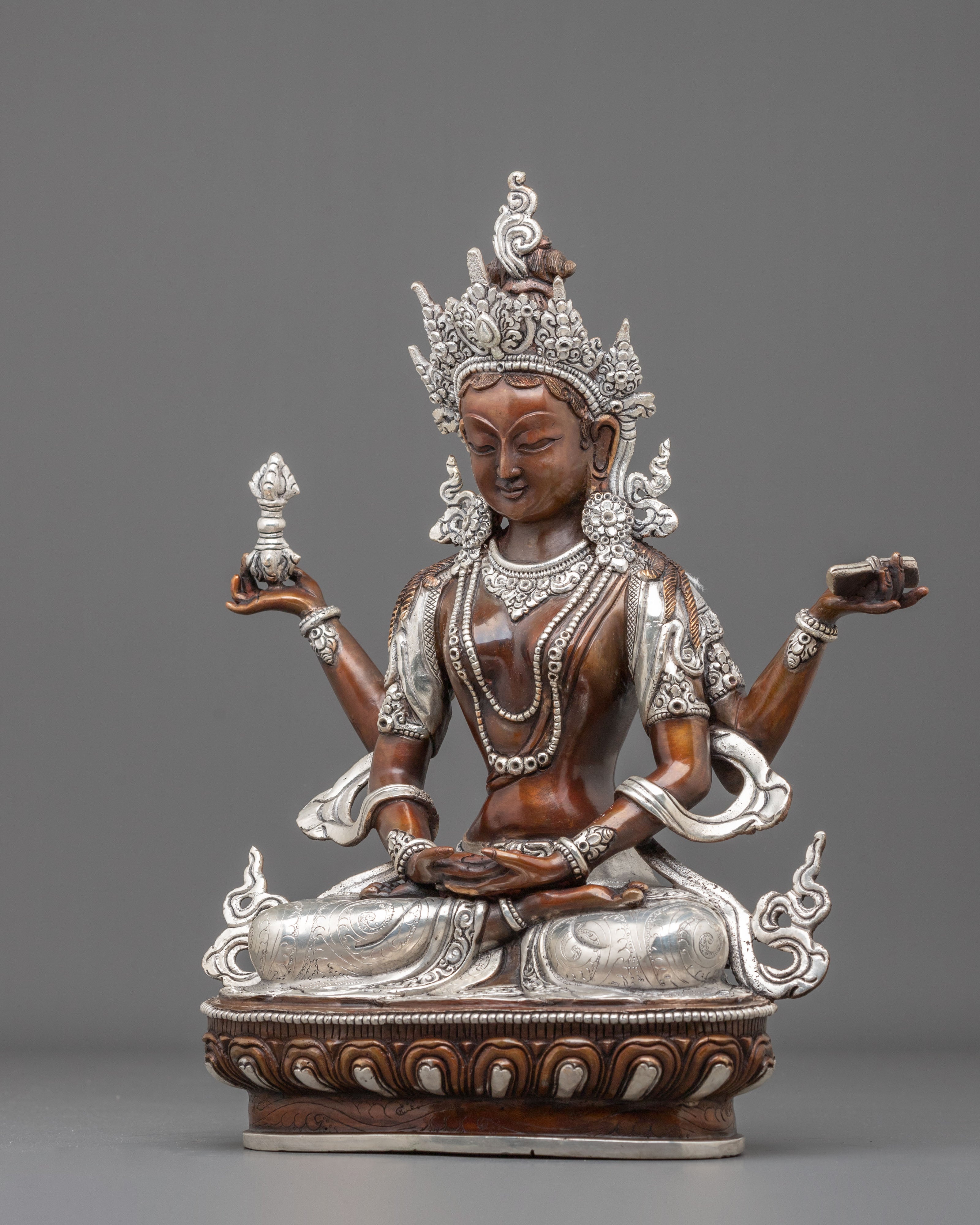 Prajnaparamita Wisdom Goddess Statue | Silver-Plated Copper Sculpture