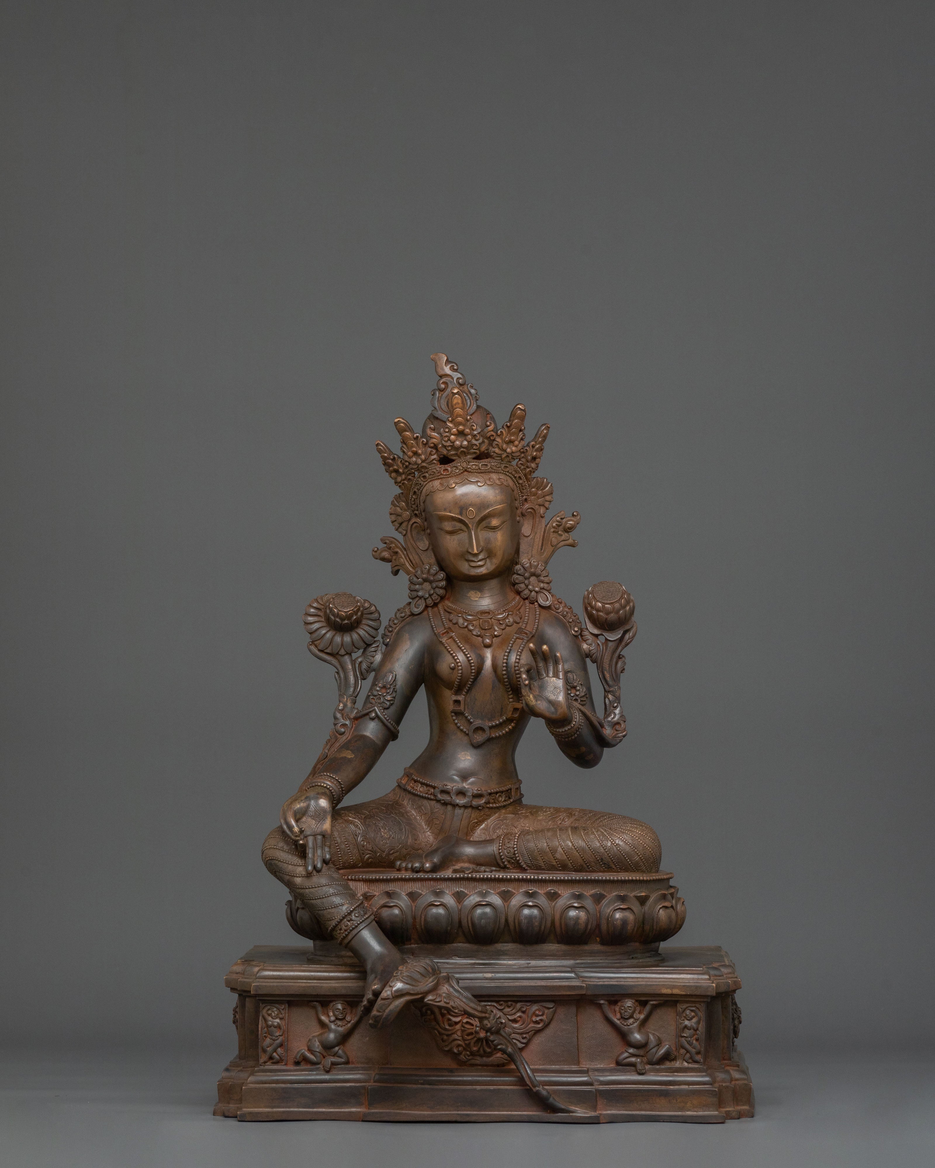 Green Tara Statue On Throne | Goddess of Protection