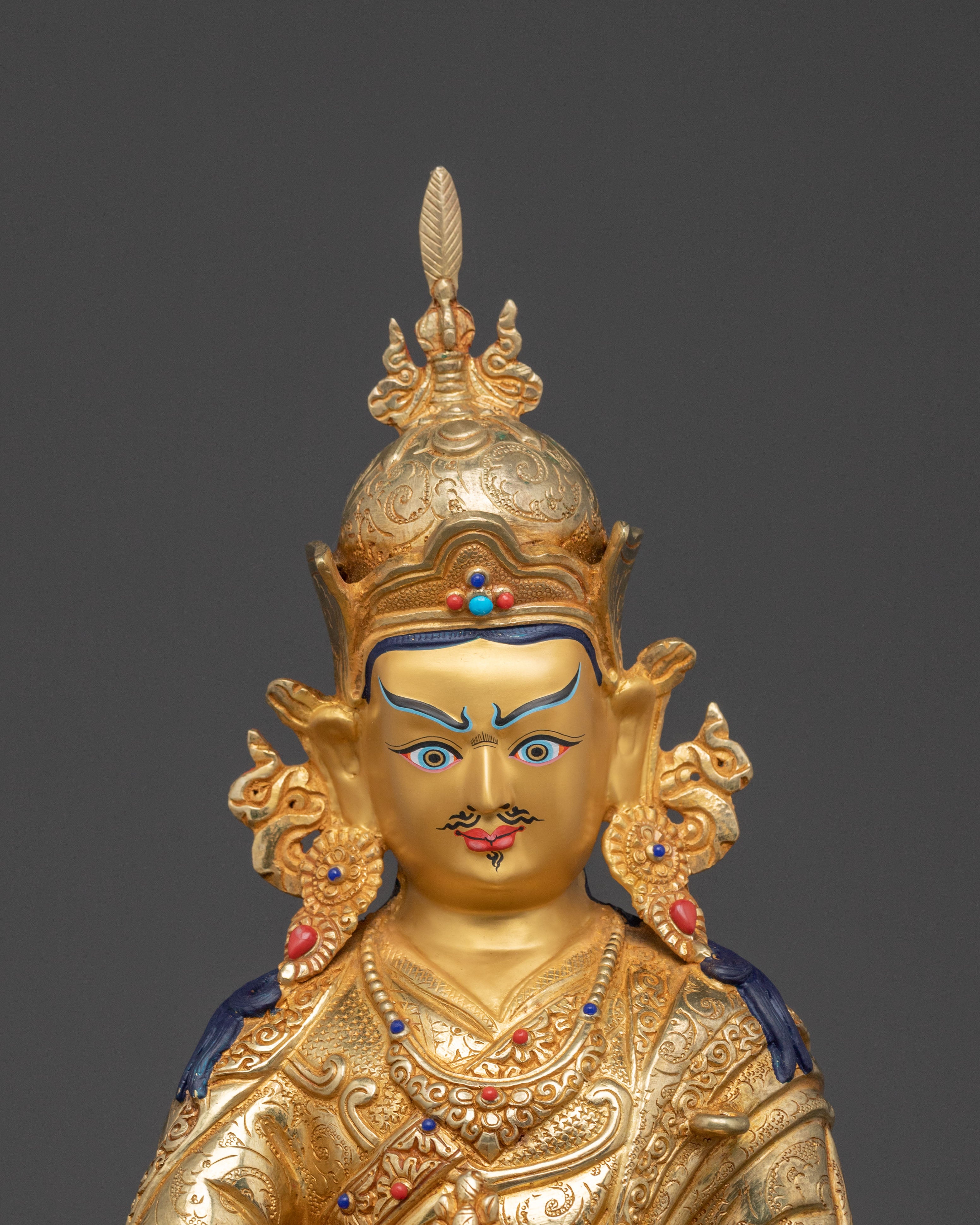 Guru Rinpoche Spiritual Protector Statue: 24K Gold Gilded Statue