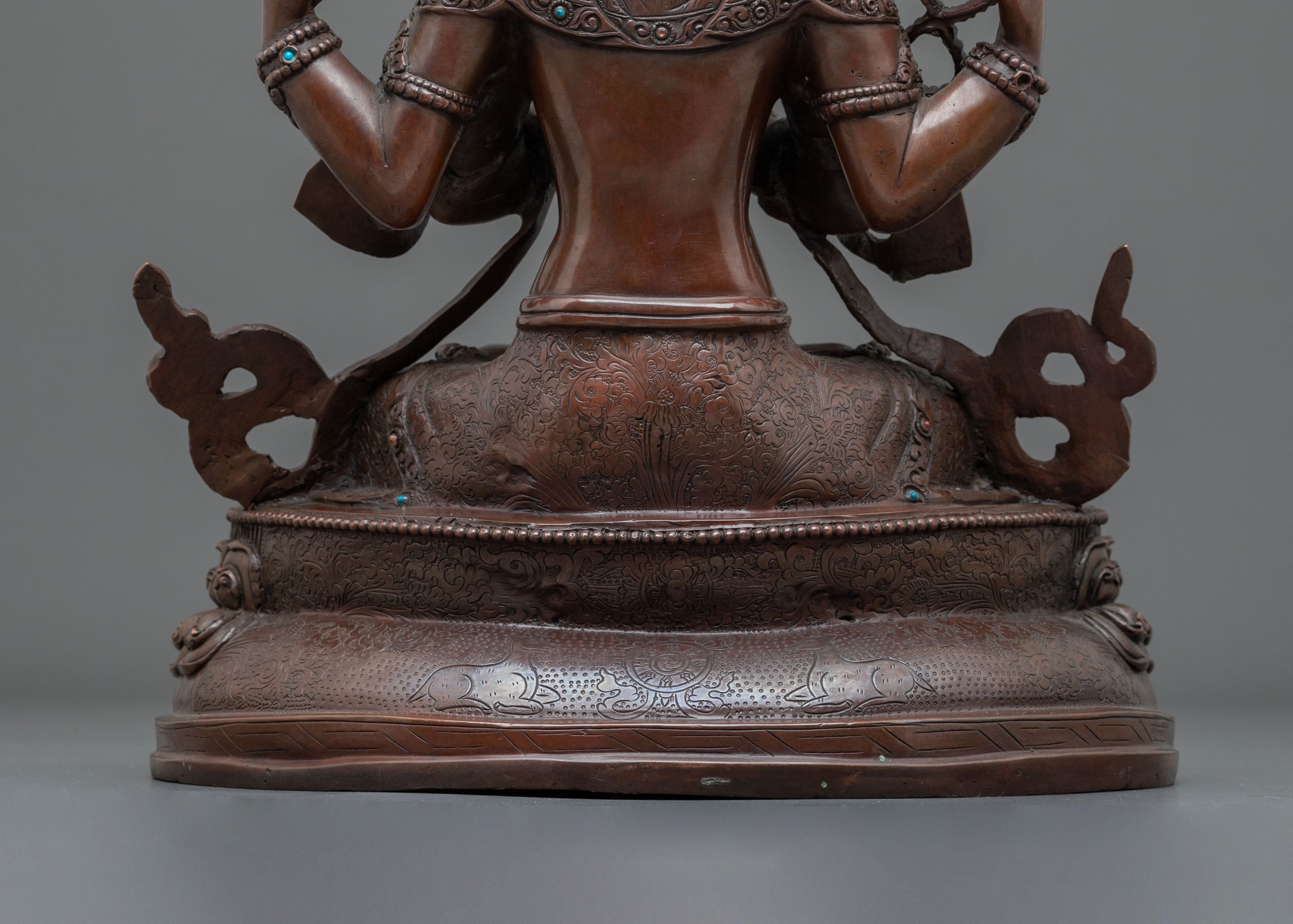 Chenrezig Oxidized Copper Statue Adorned with Gemstones