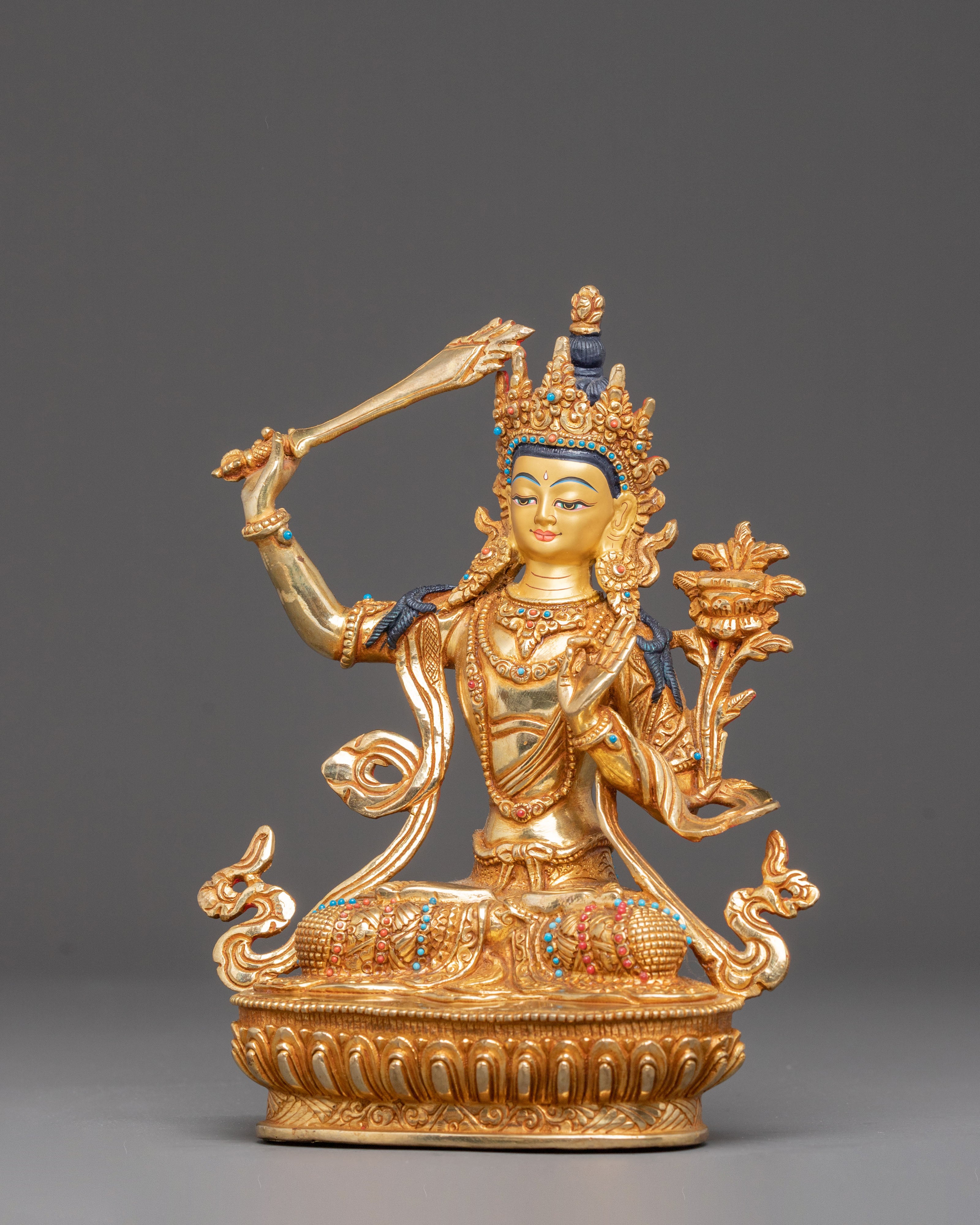 Manjushri Handmade Golden Statue | Tibetan Deity of Wisdom