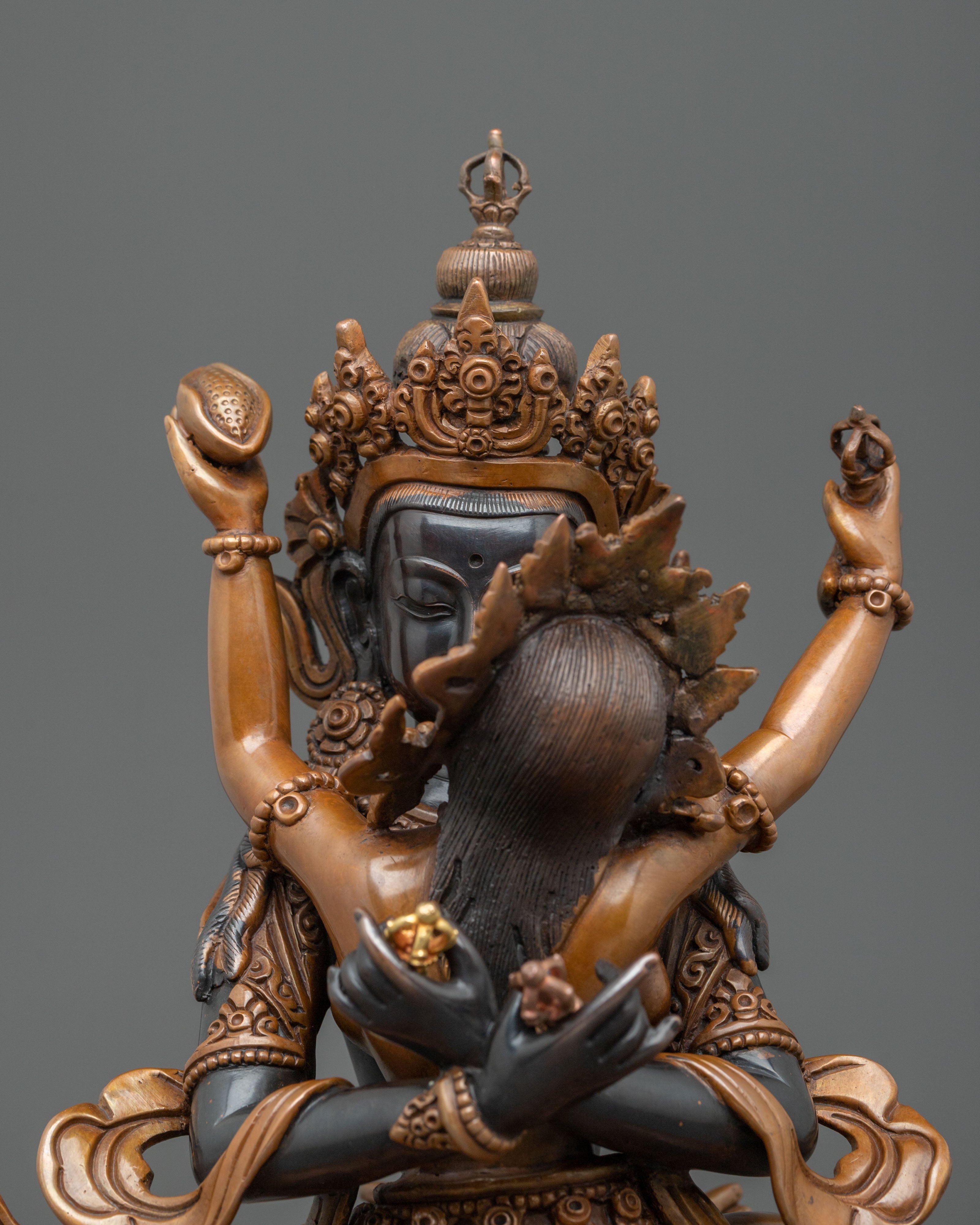 Vajradhara Sacred Sculpture with Consort: Oxidized Copper Staue