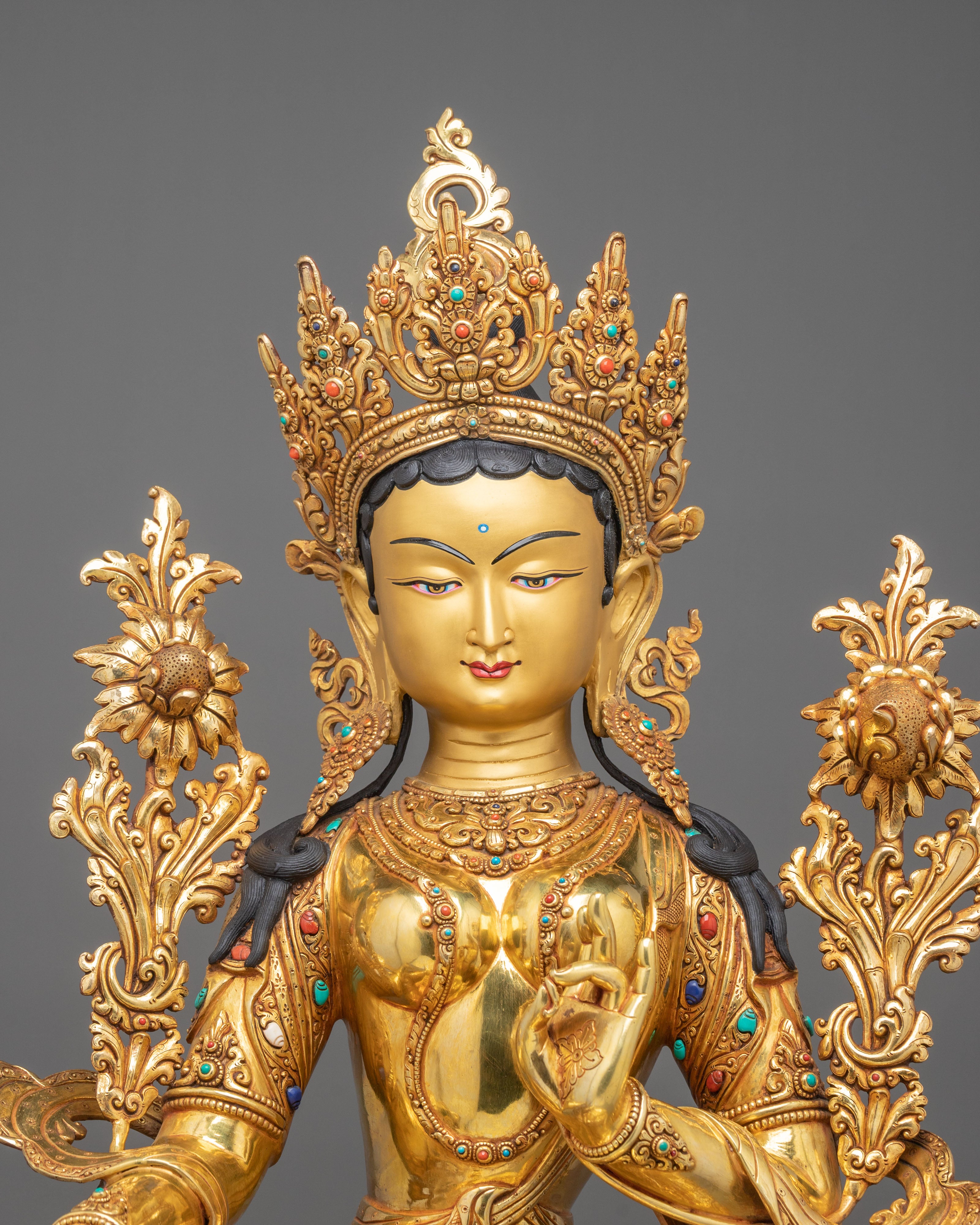Green Tara 24K Gold-Coated Sculpture | Buddhist Guardian
