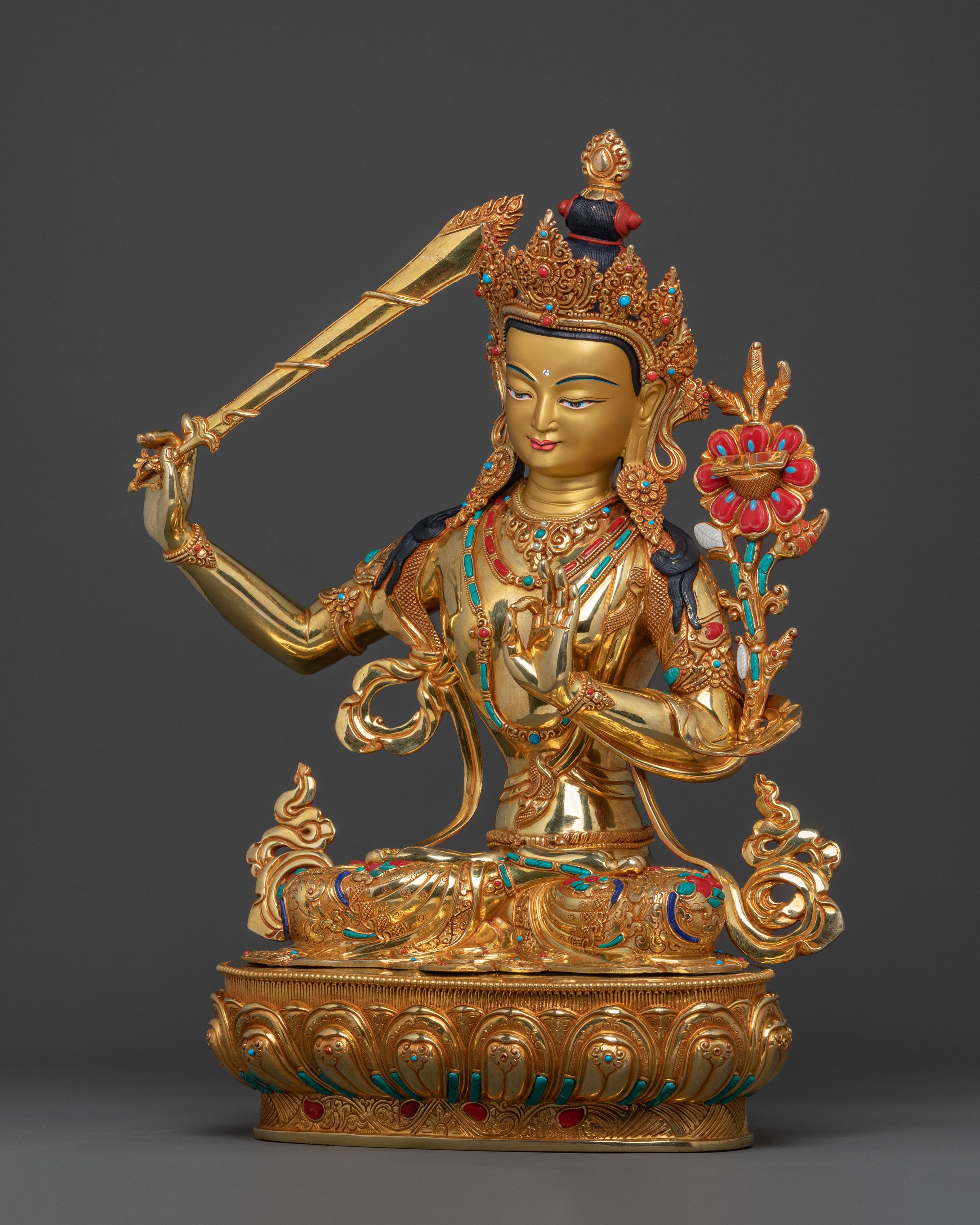 Manjushri: 24K Gold Gilded Buddhist Bodhisattva Manjushri Statue