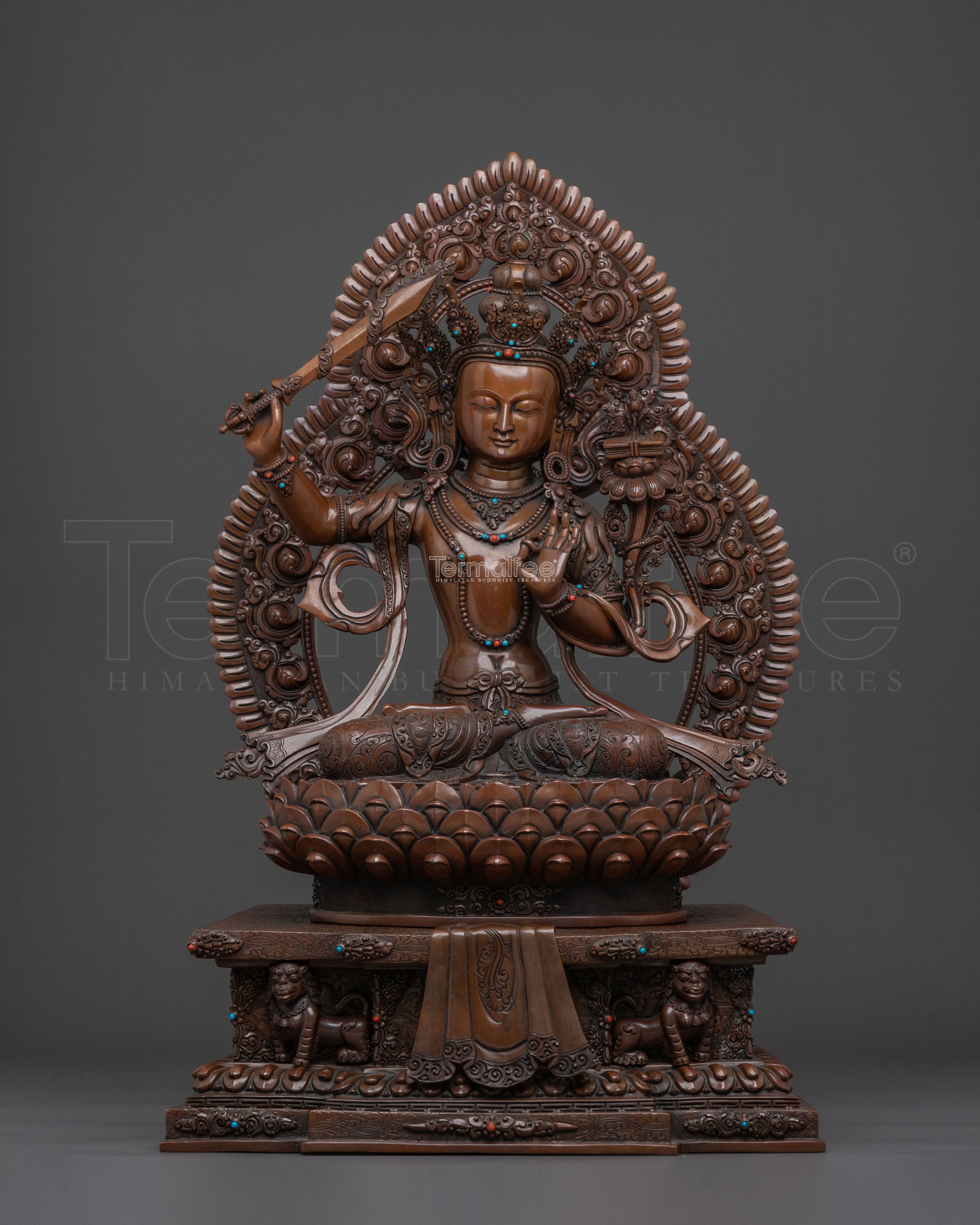 Manjushri Sculpture on Throne | Wisdom Deity with Flaming Sword