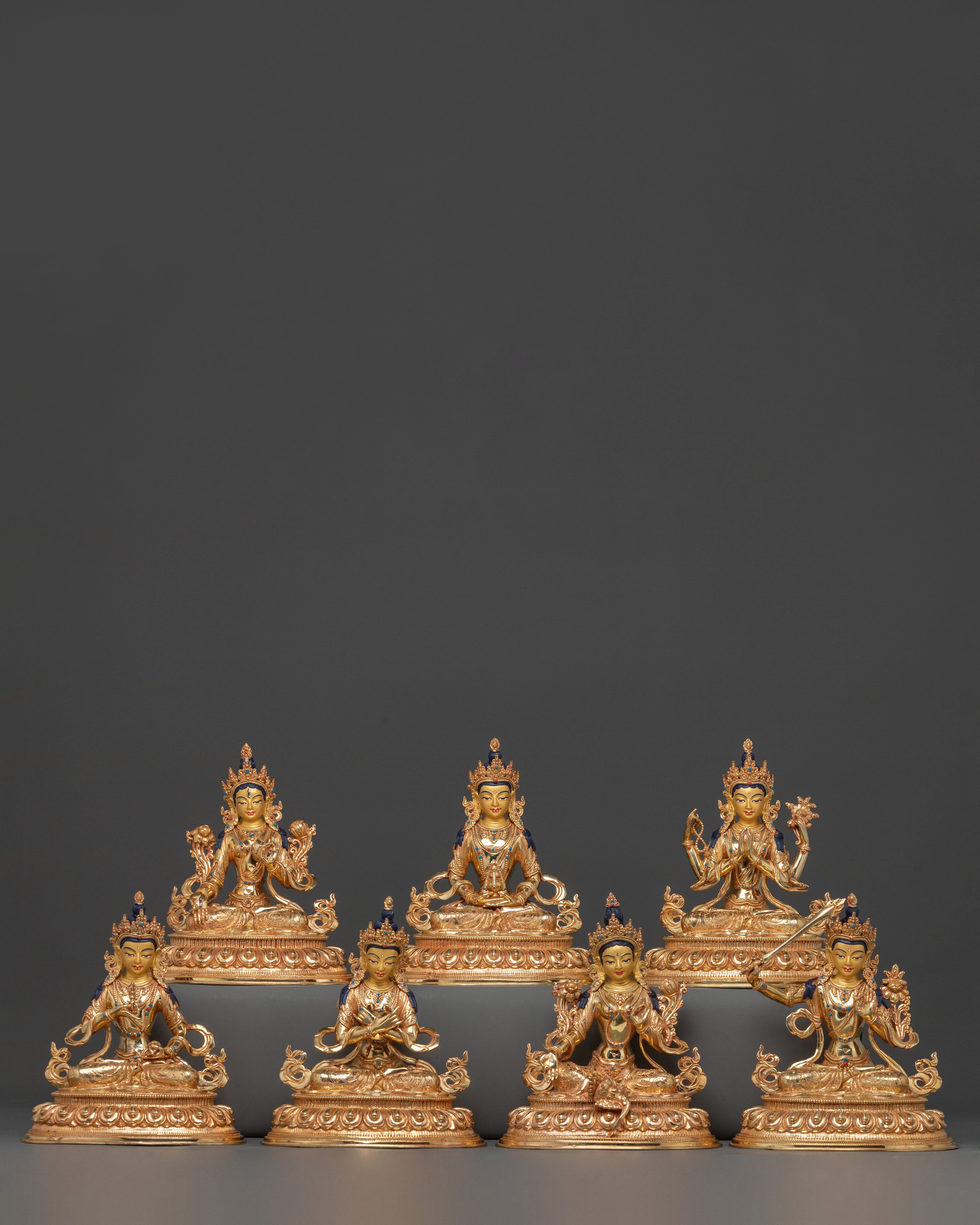 Seven Boddhisattva Tibetan Statue Set in Brilliant 24K Gold