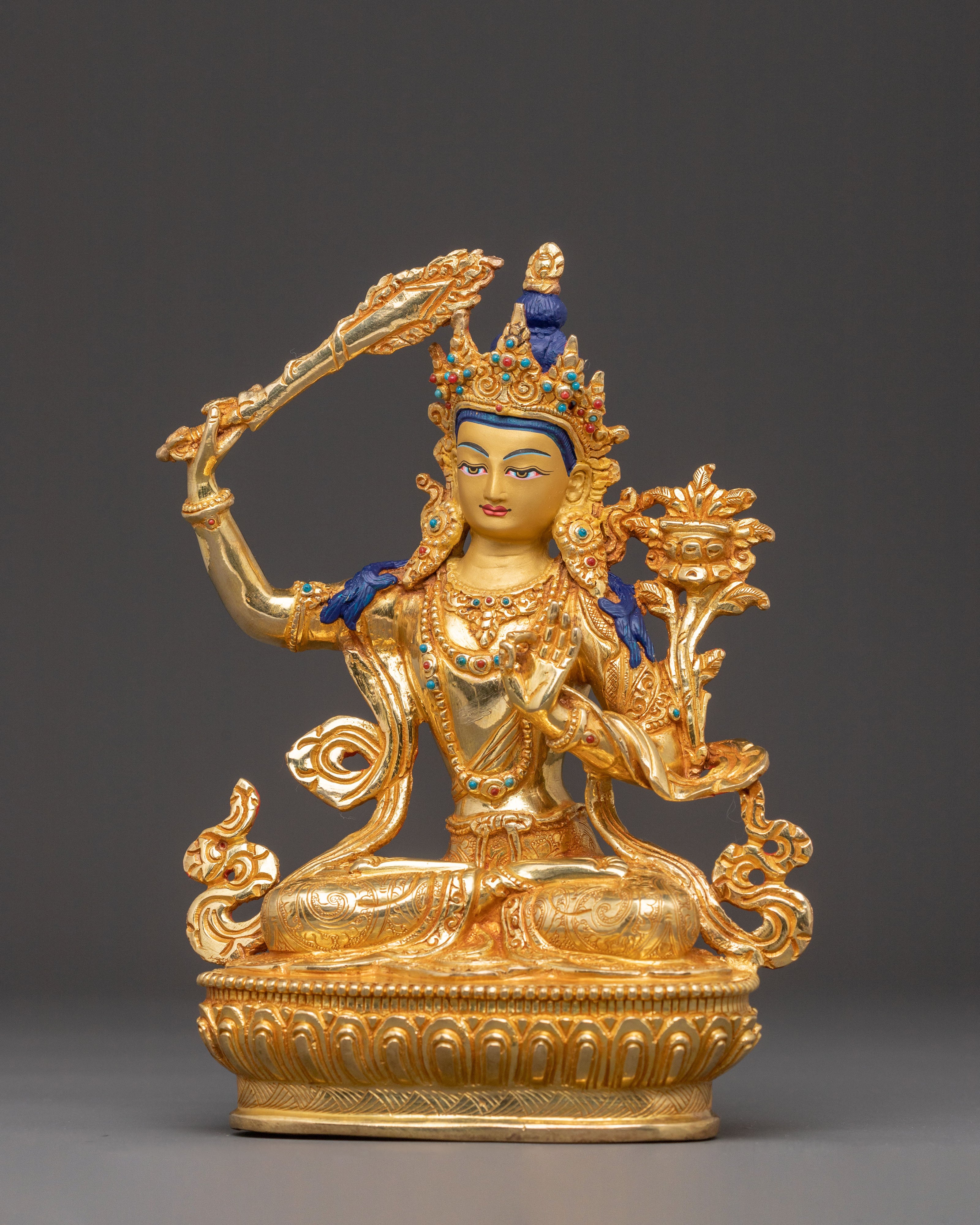 Handcrafted Manjushri Sacred Statue – Gilded Copper & Gemstone Art