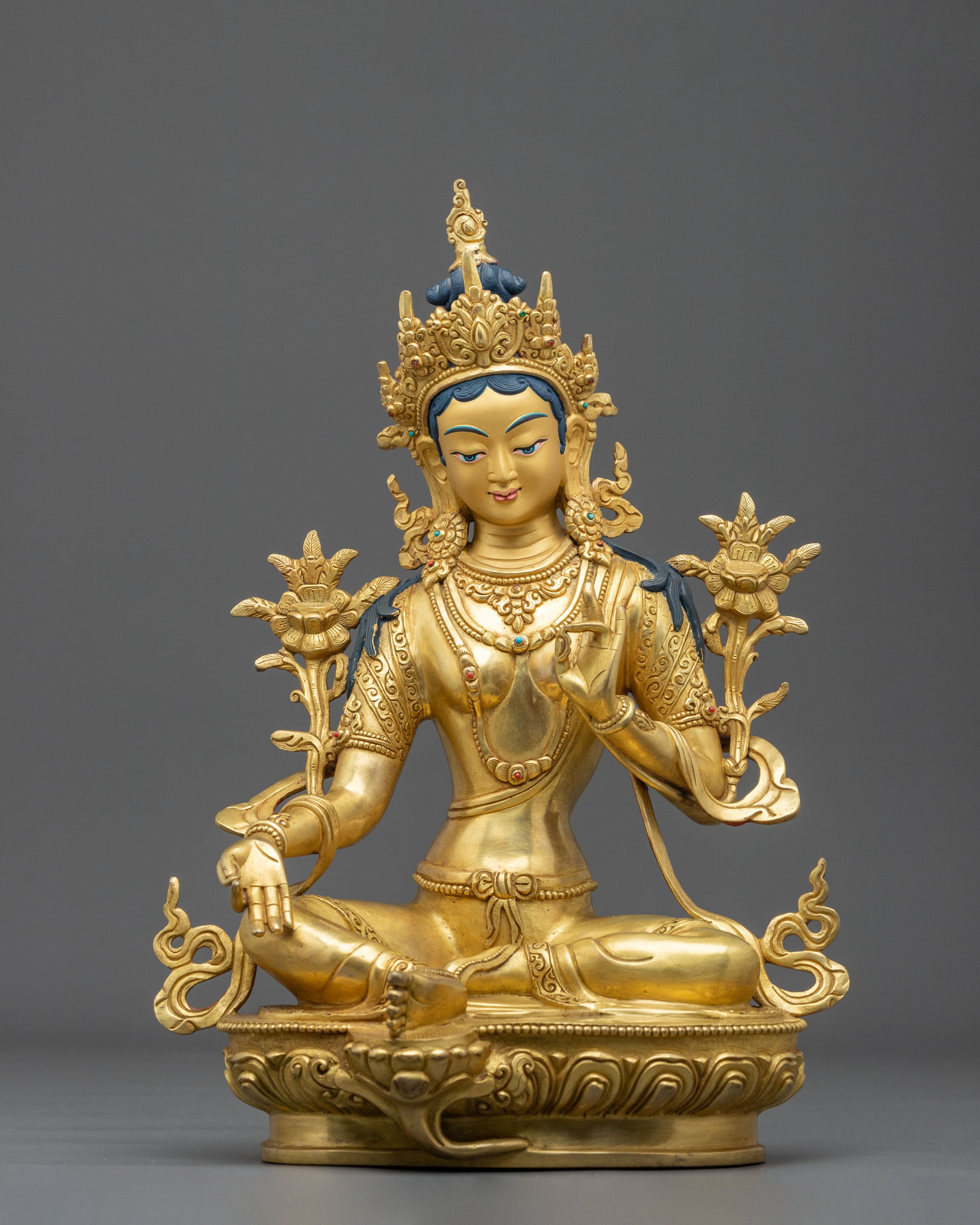 Protector Green Tara Himalayan Sculpture: 24K Gold Gilded