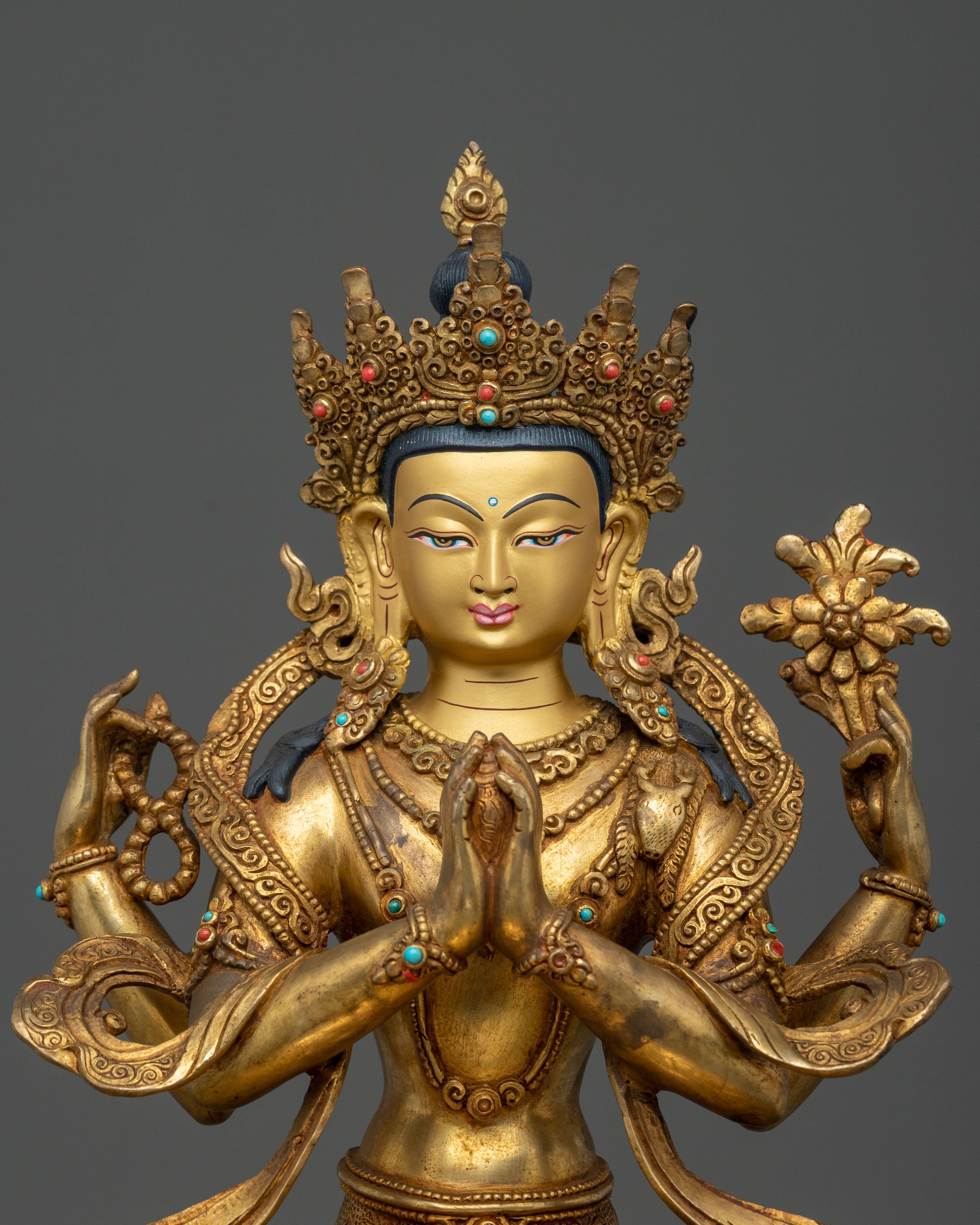 Chenrezig Fire Gold Gilded Statue | Buddhist Figurine