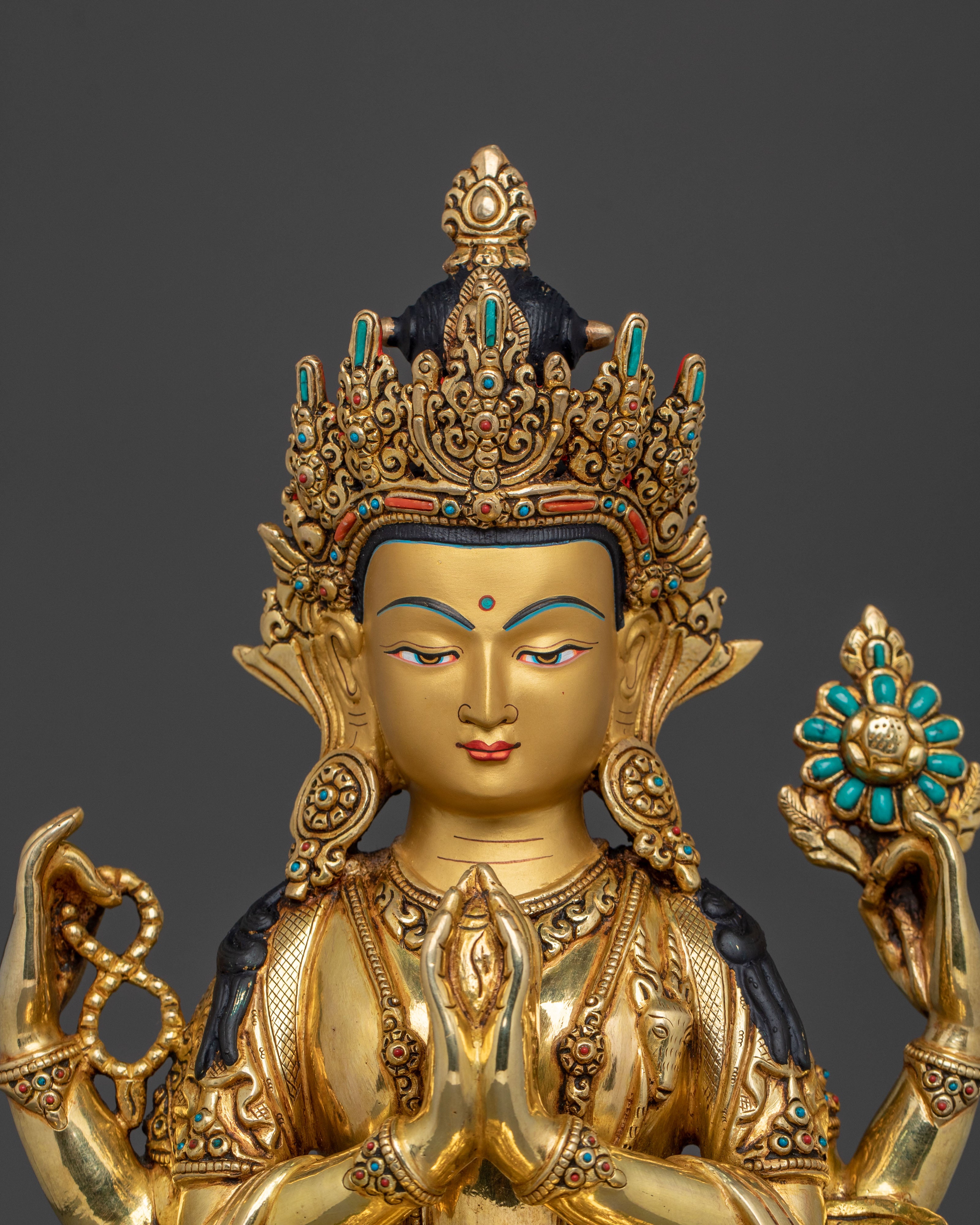 Handcrafted Himalayan Chenrezig Statue with 24K Gold and Fine Gemstones