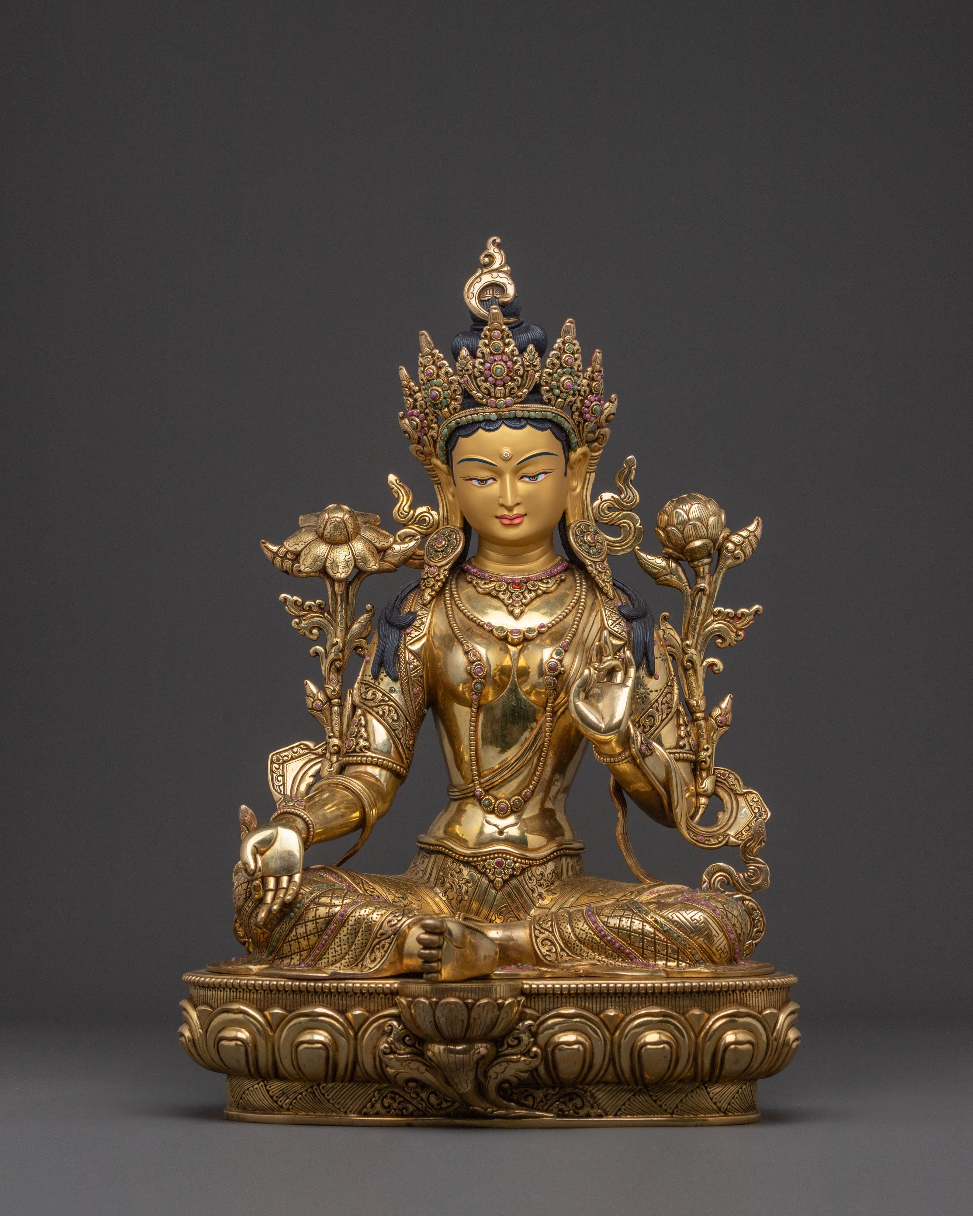 Sacred Statue of Green Tara: Exquisite 24K Gold Gilded
