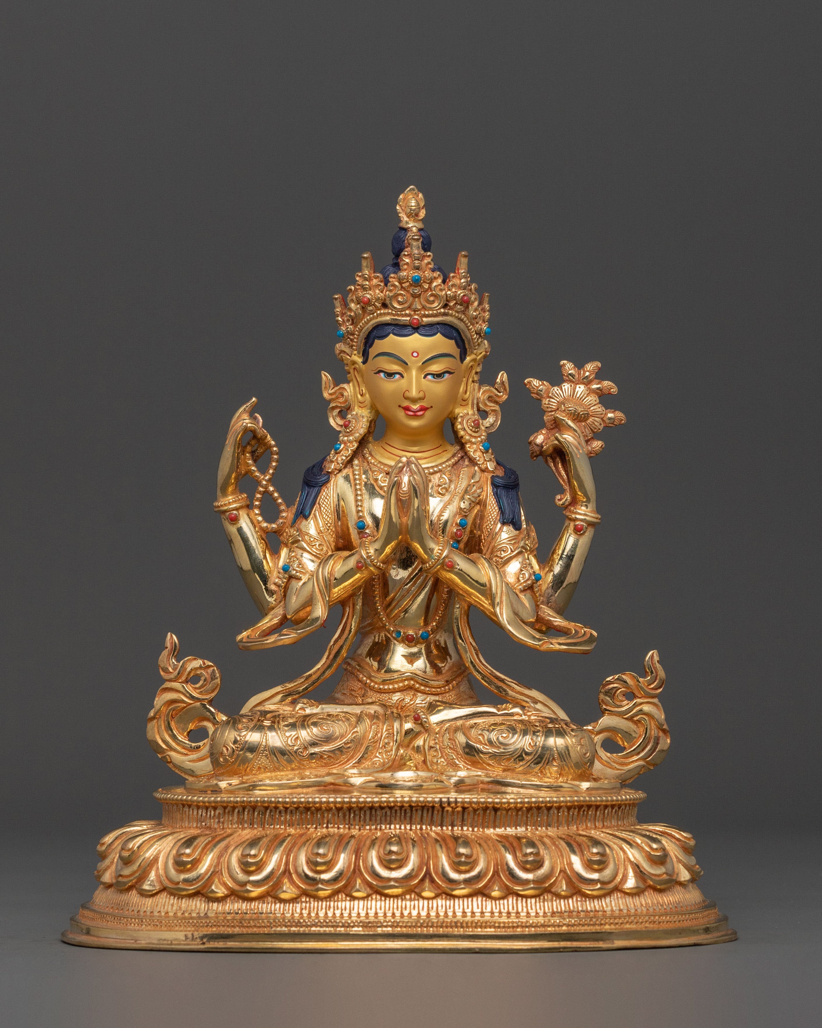 Four Armed Chenrezig Sacred Statue in Shimmering 24K Gold