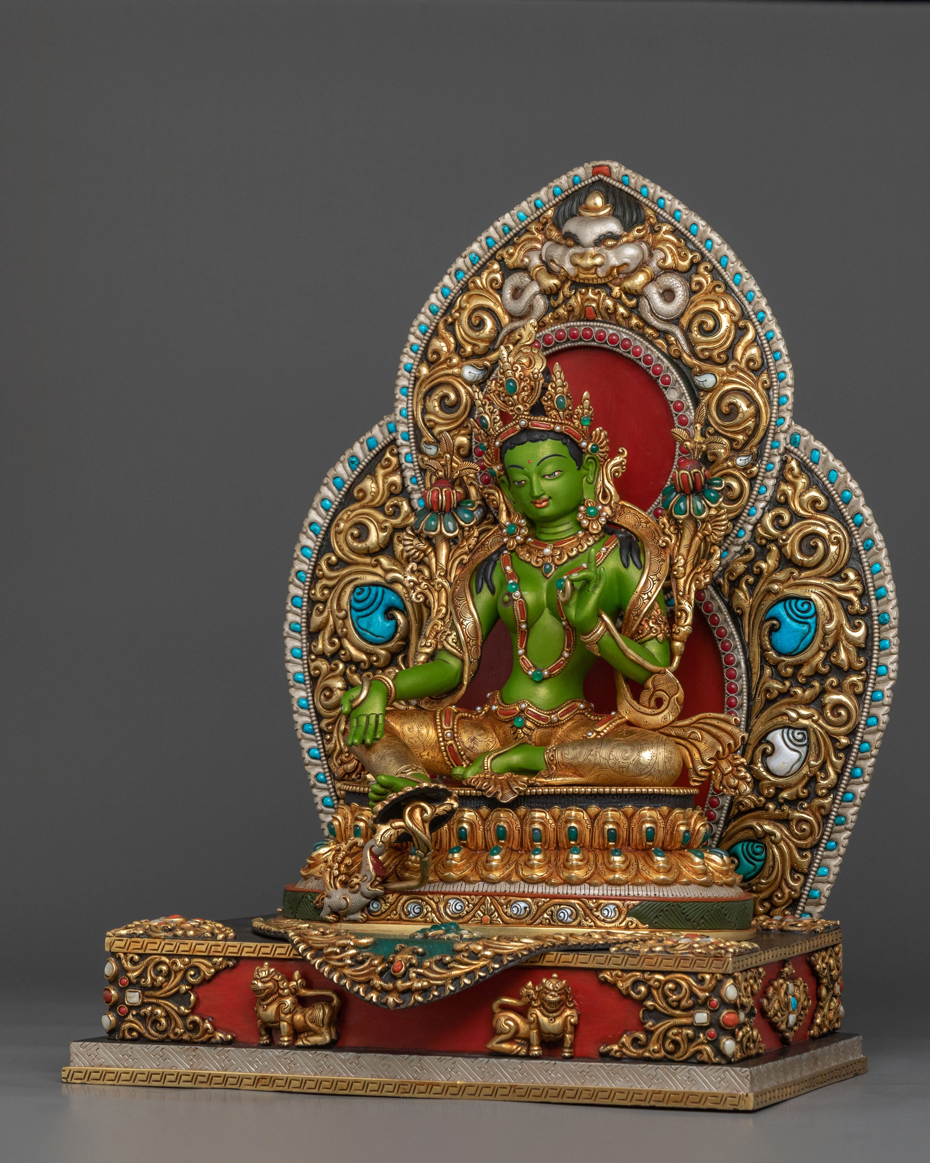 Green Tara Protection Statue with a Throne | Mother Figurine