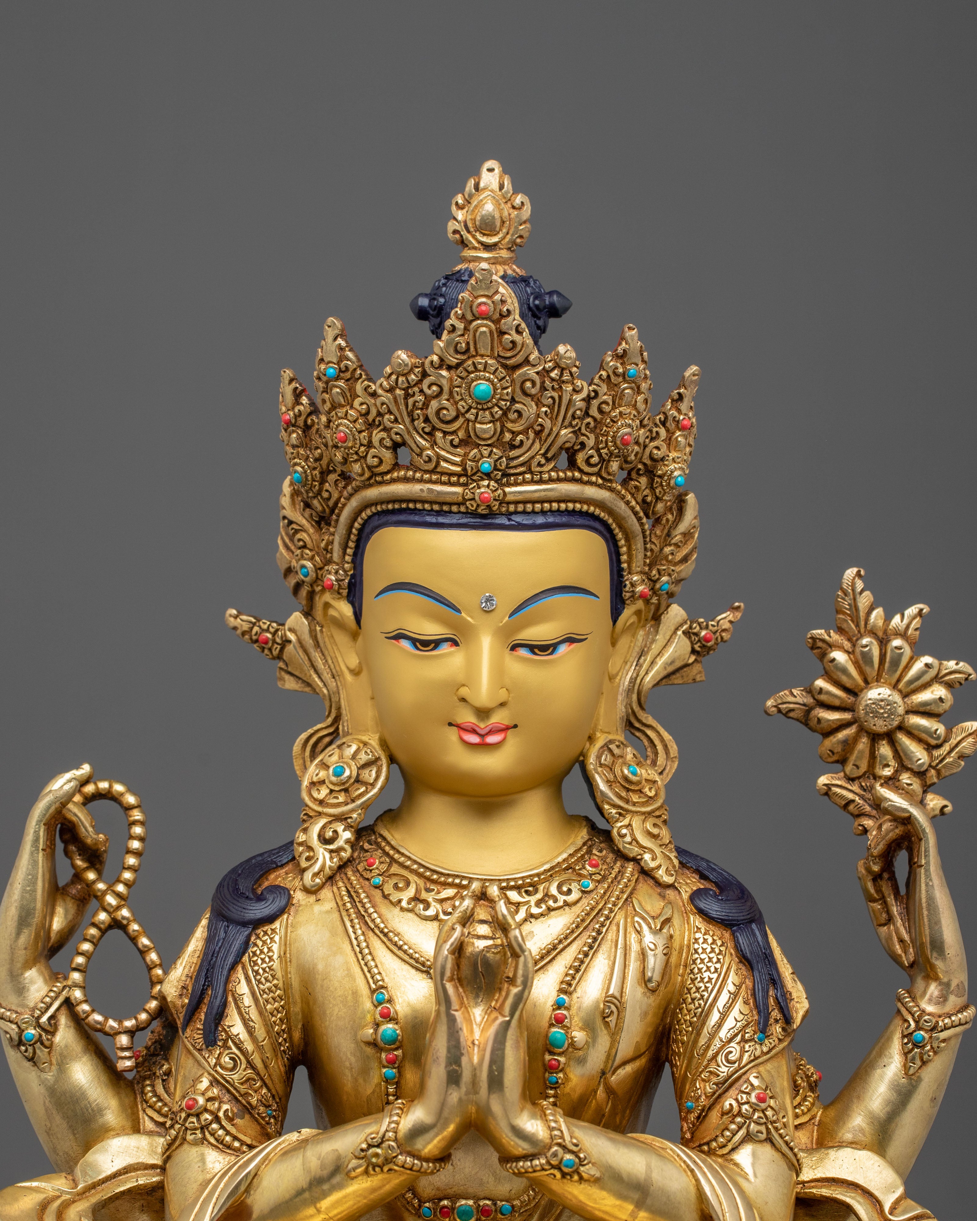 Four-Armed Chenrezig Sculpture | 31.5cm Golden Figurine