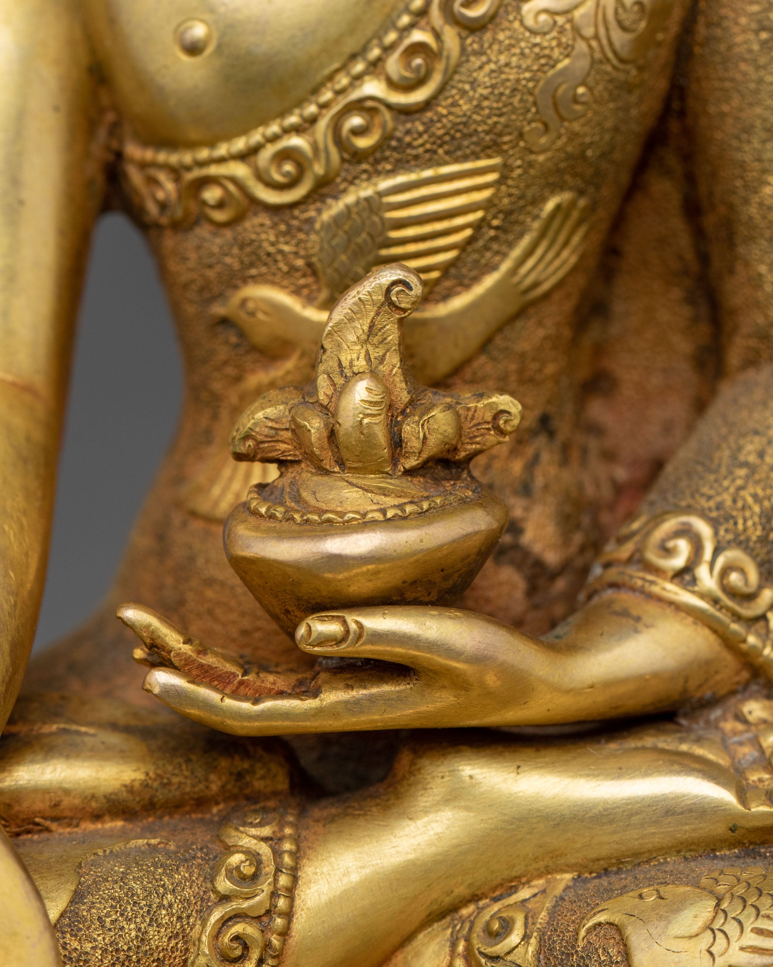 Medicine Buddha Carved Statue – 24K Gold Gilded