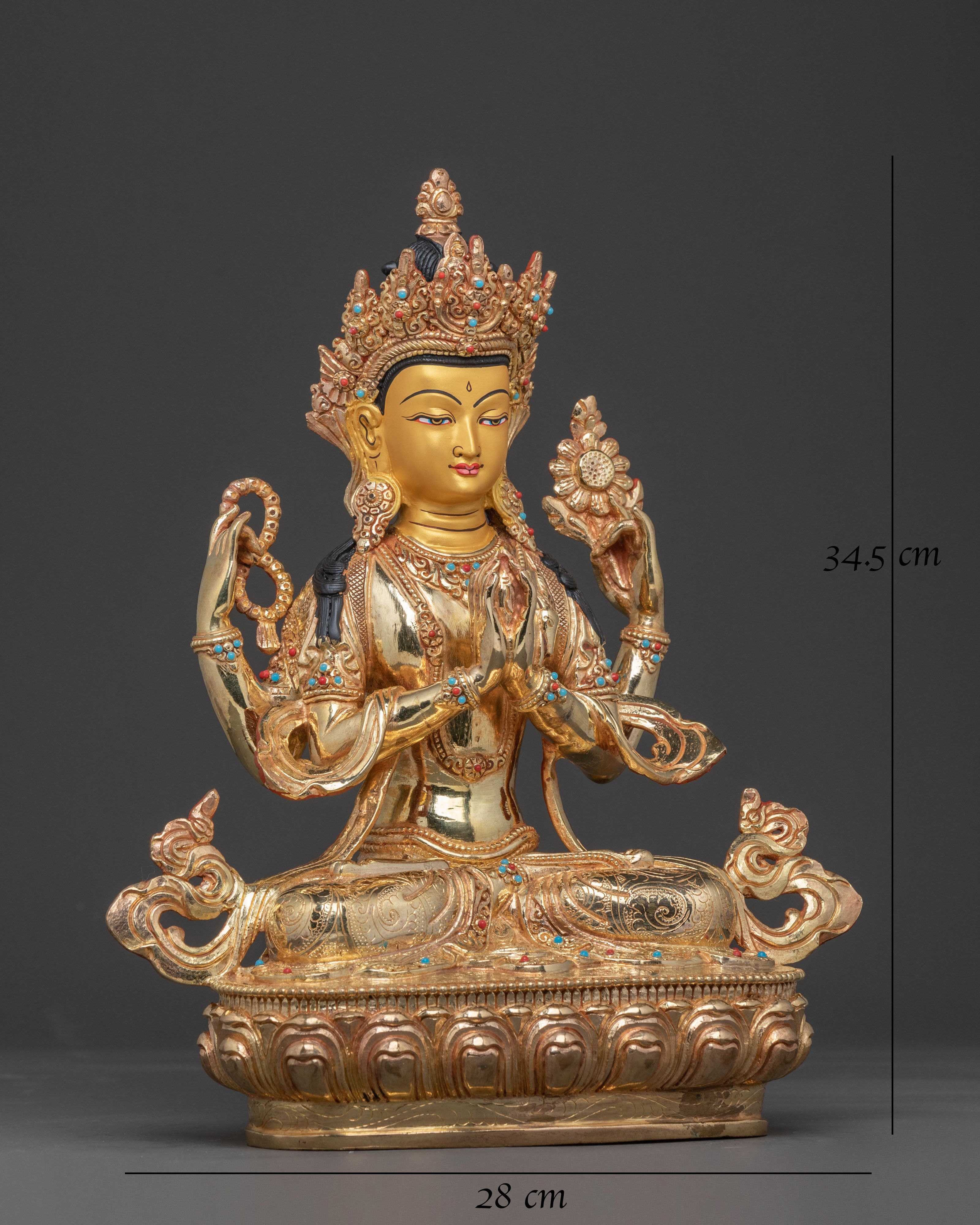 Compassionate Protector Avalokiteshvara Sculpture: Exquisite 24K Gold Gilded
