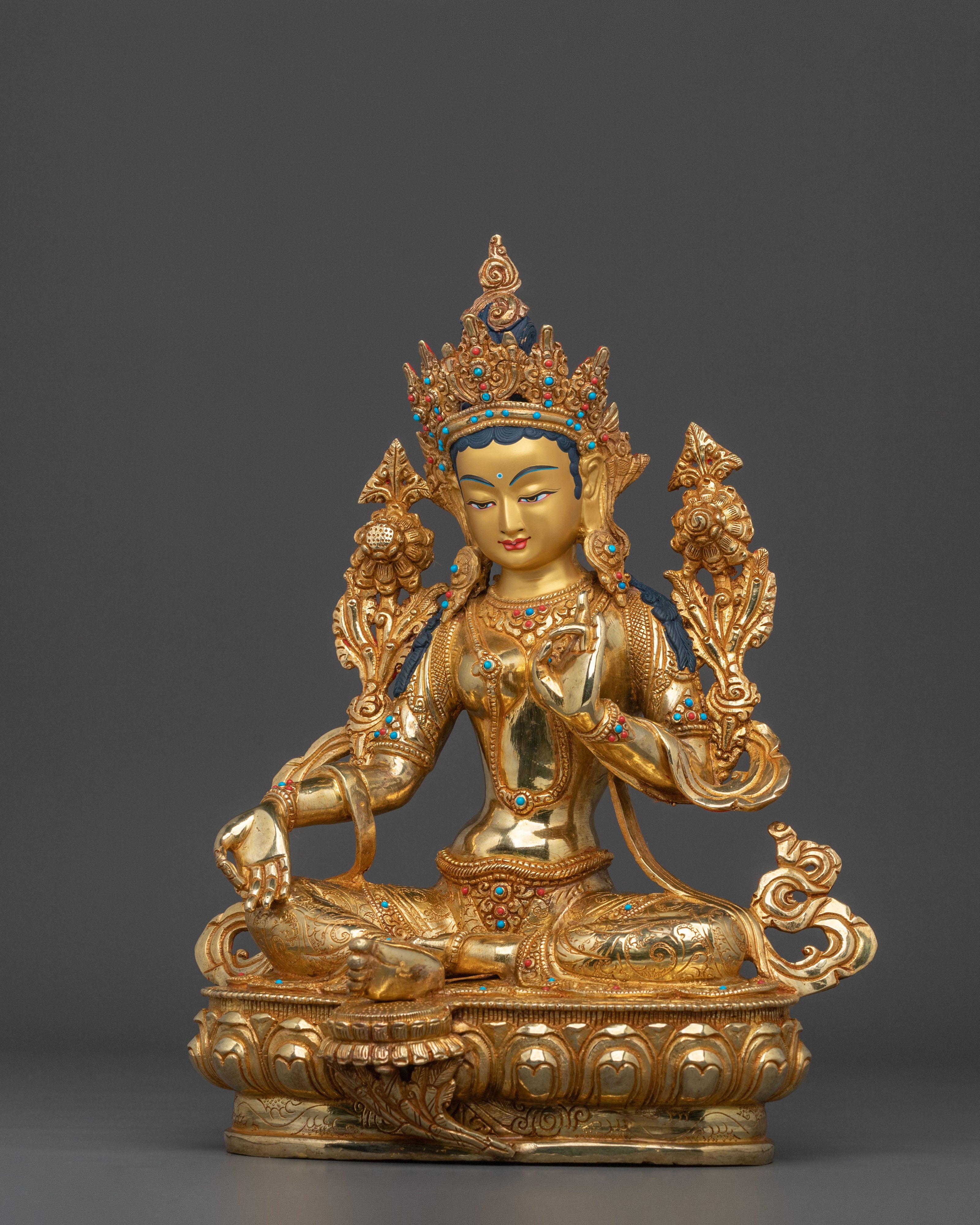 Green Tara Statue: 24K Gold Gilded Buddhist Goddess