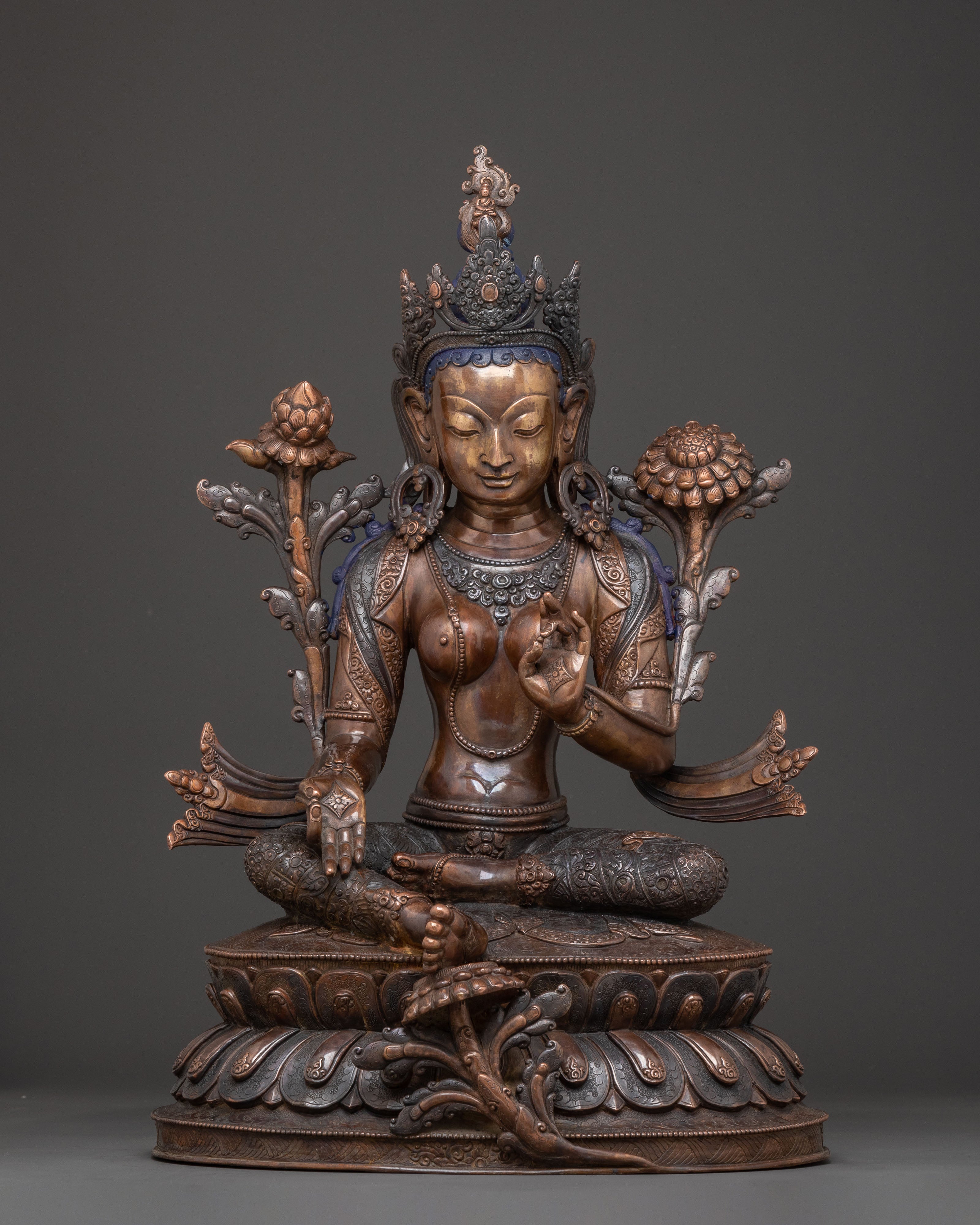Copper Statue of Green Tara: Oxidized Himalayan Artistry