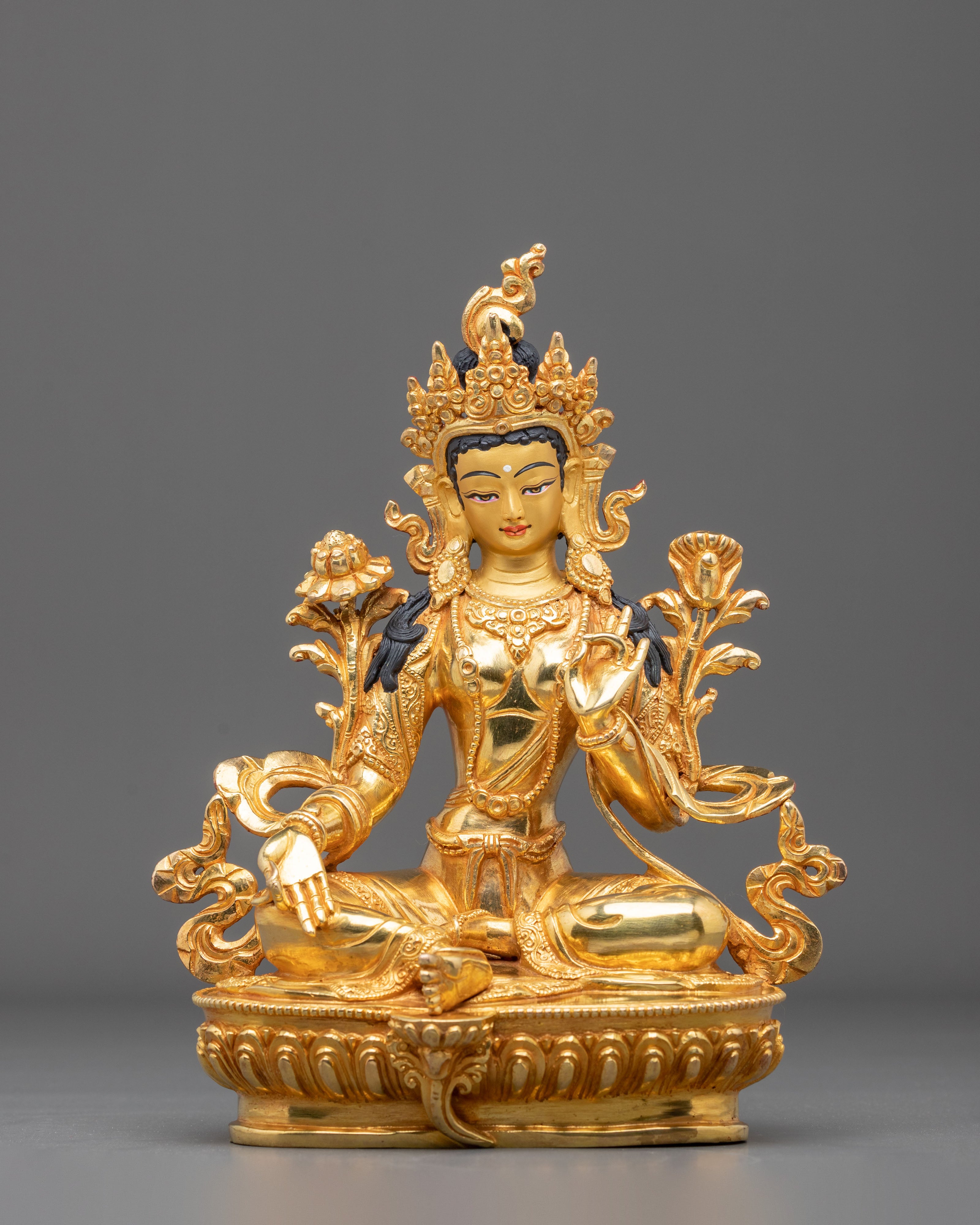 Buddhist Green Tara Meditation Statue in 24K Gold Gilded Copper