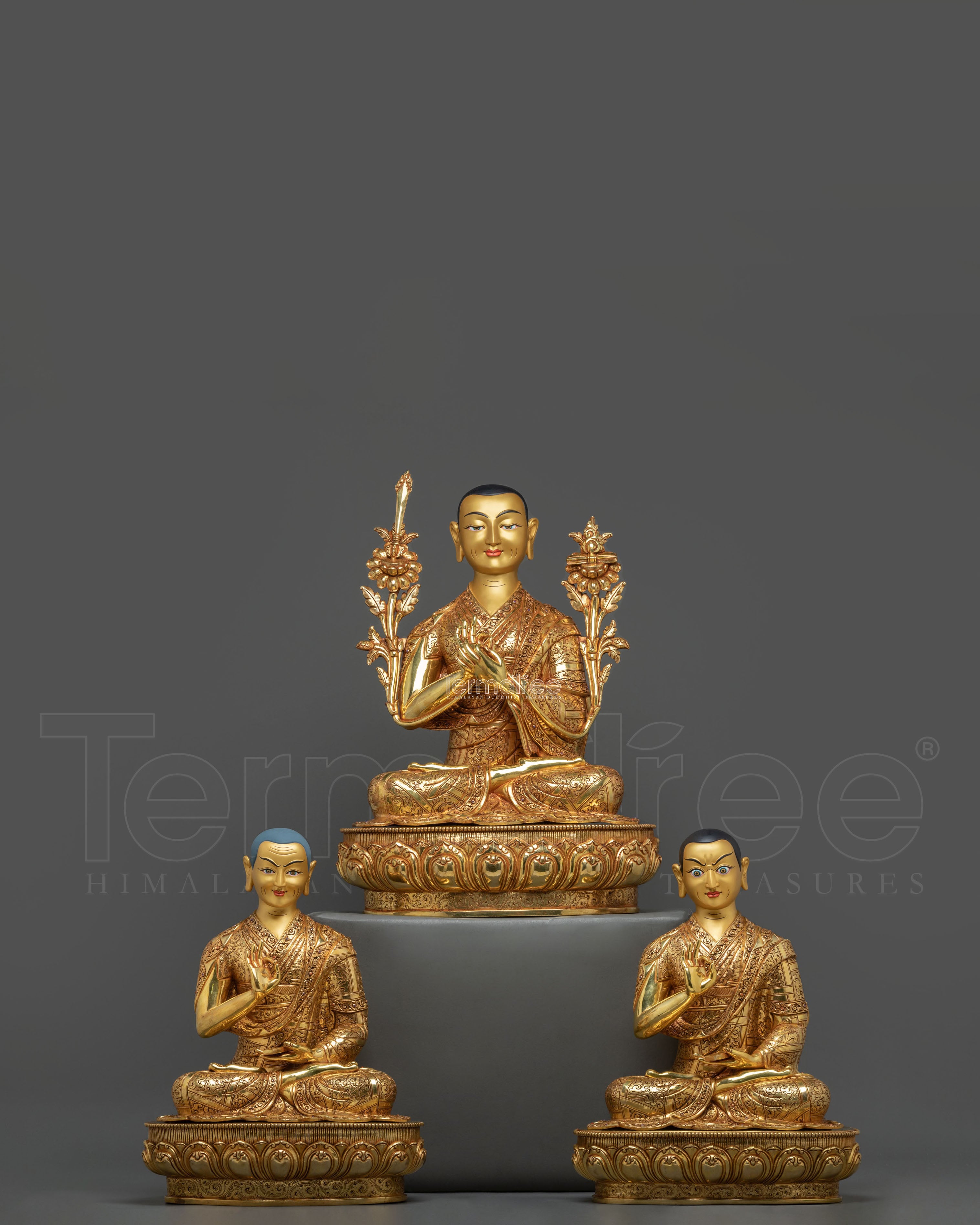 Tsongkhapa with Two Disciples Altar Sculpture | 24K Gold Glided
