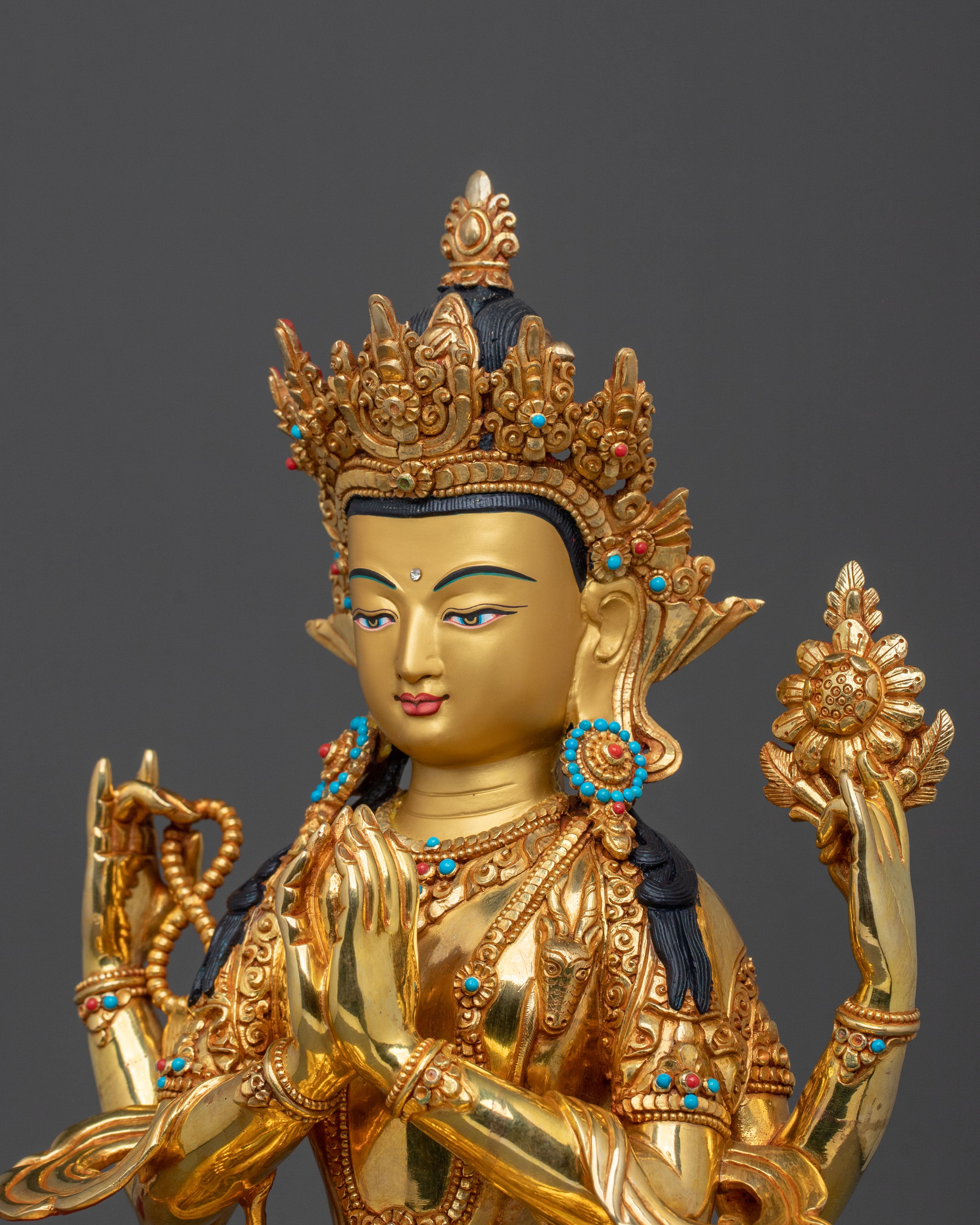 Handcrafted Four Armed Chenrezig Sculpture | Buddhist Protector Deity