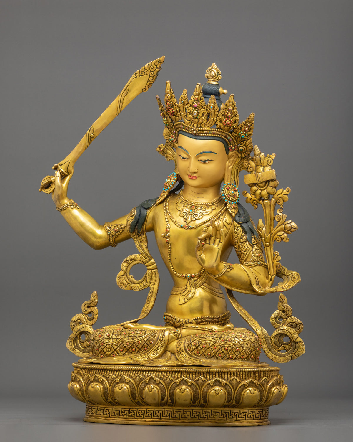 Manjughoṣa Sculpture of Wisdom |  24K Gold Gilded Copper Statue
