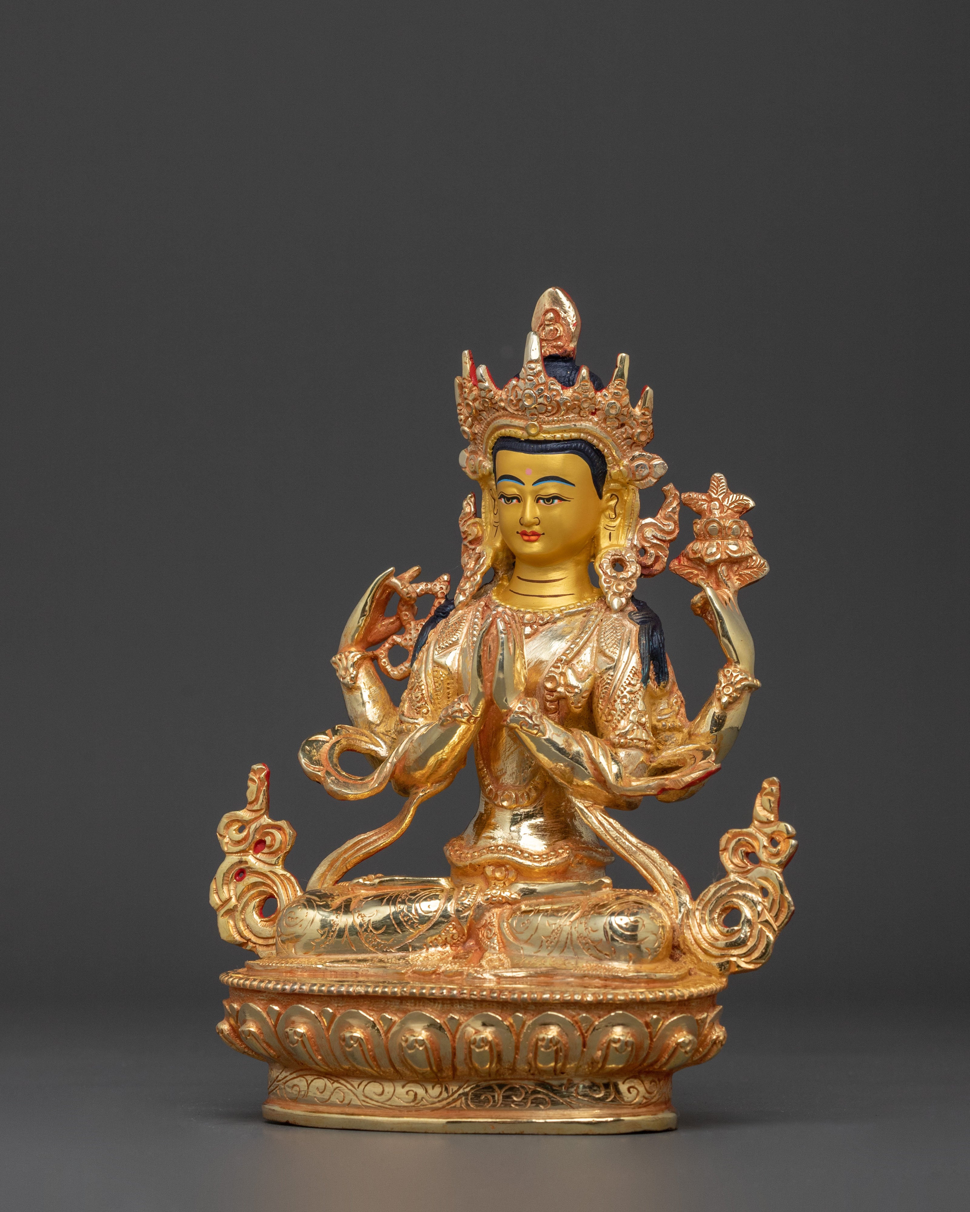 Hand Carved Chenrezig Copper Statue with 24K Gold Gilding