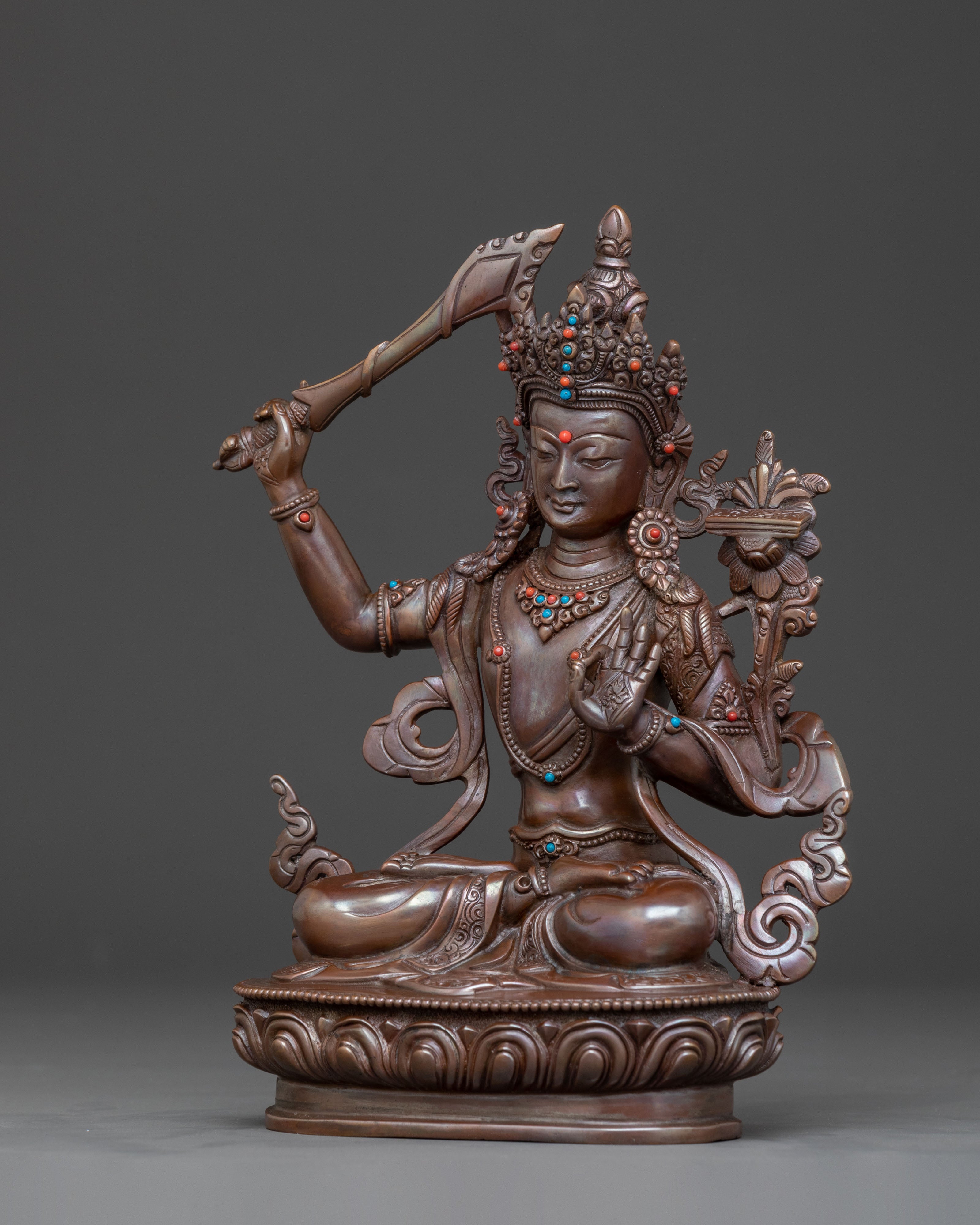 Manjushri Sword of Wisdom Statue - Oxidized Copper Art