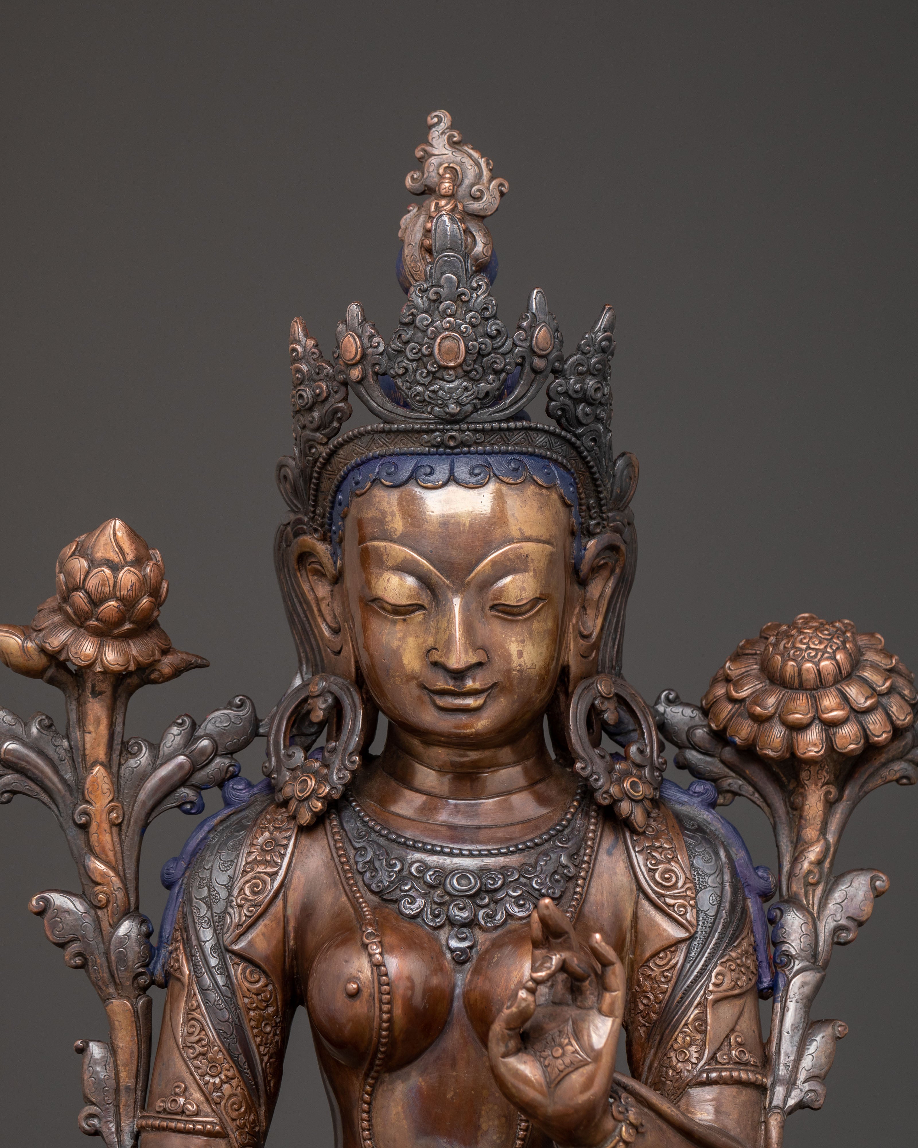 Copper Statue of Green Tara: Oxidized Himalayan Artistry
