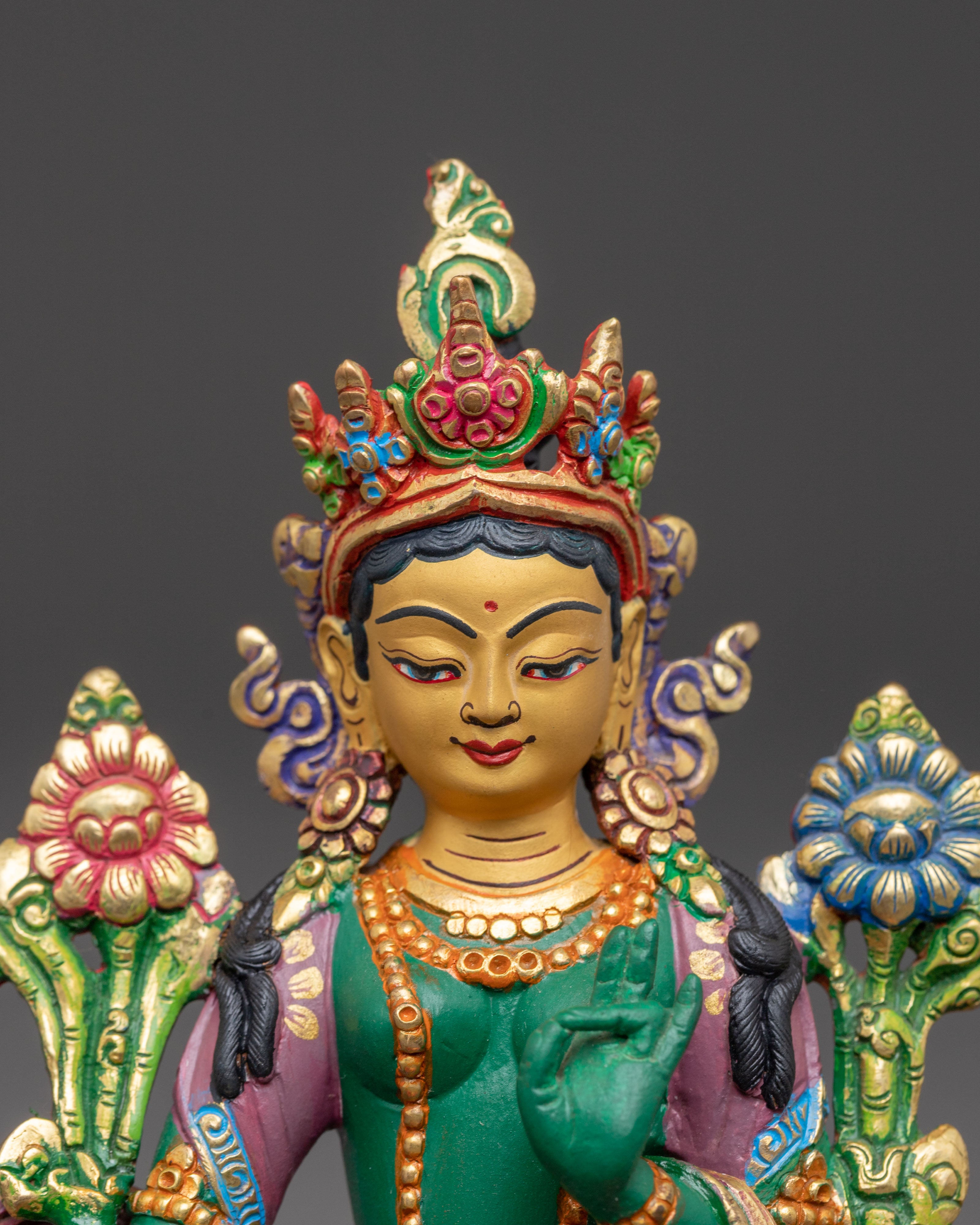 Handmade Green Tara Golden Sculpture | Female Bodhisattva of Compassion