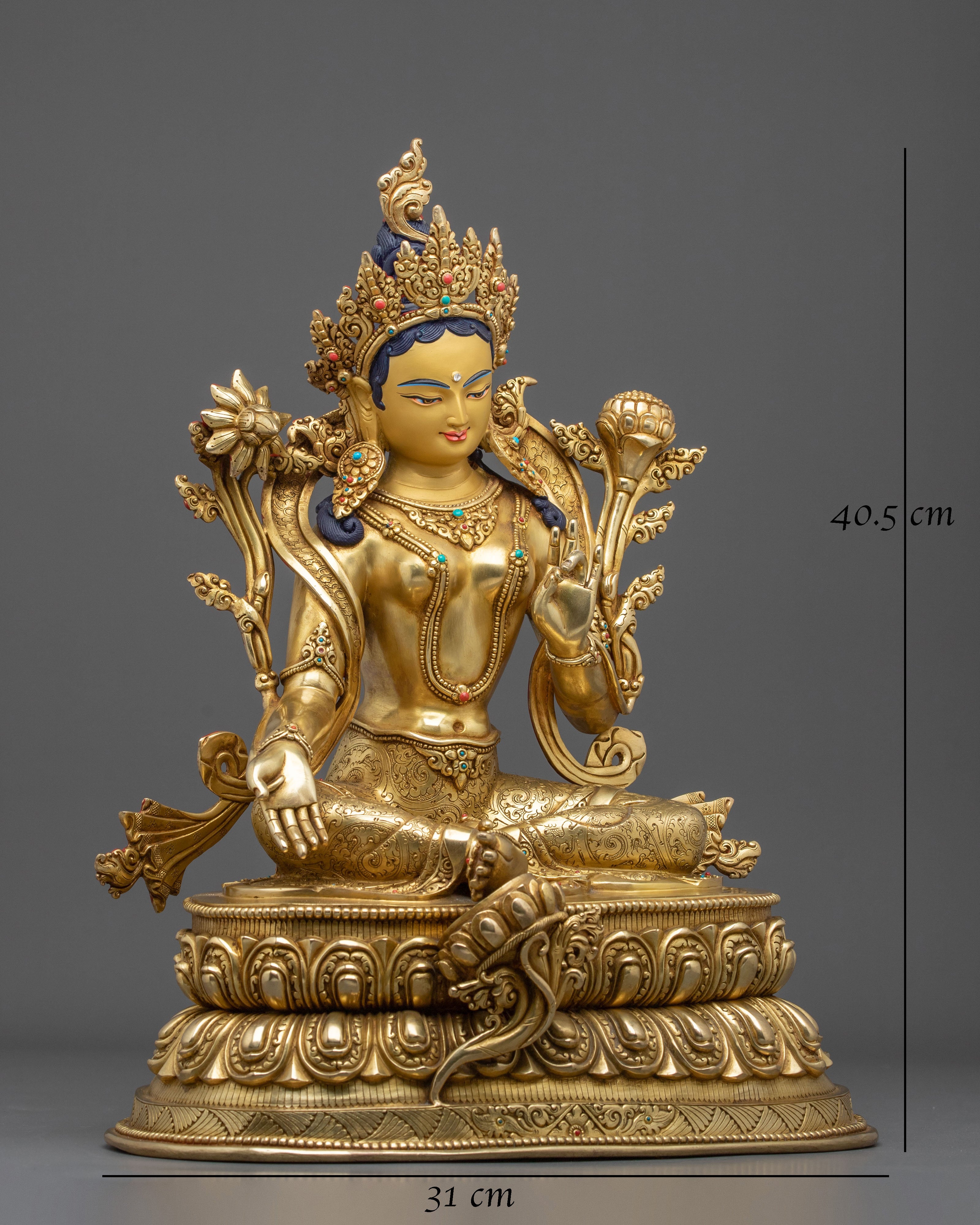 16-Inch Sacred Green Tara 24K Gold Gilded Copper Gemstone Statue