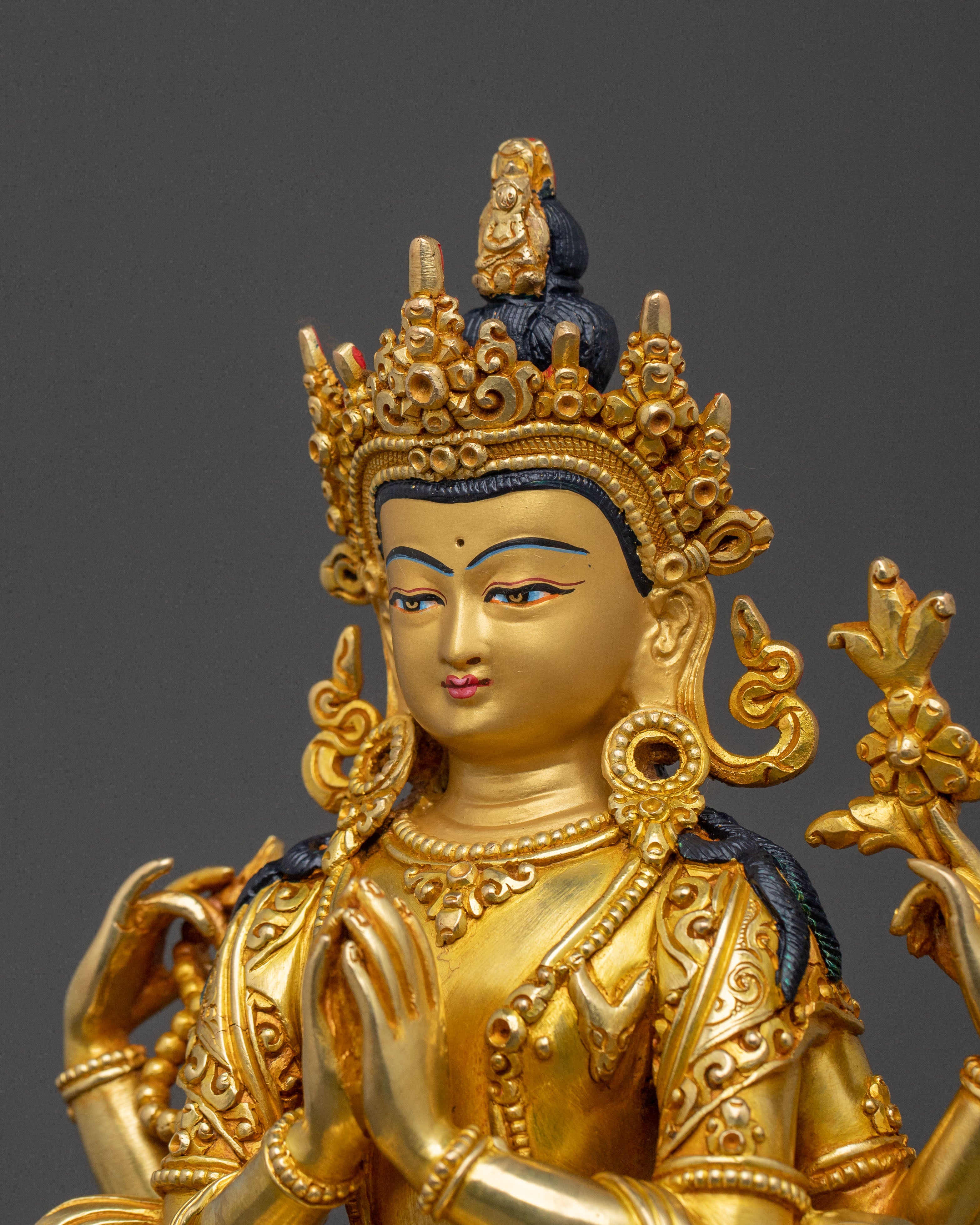 Sacred Chenrezig Four Armed Compassion Statue | 24K Gold Gilded