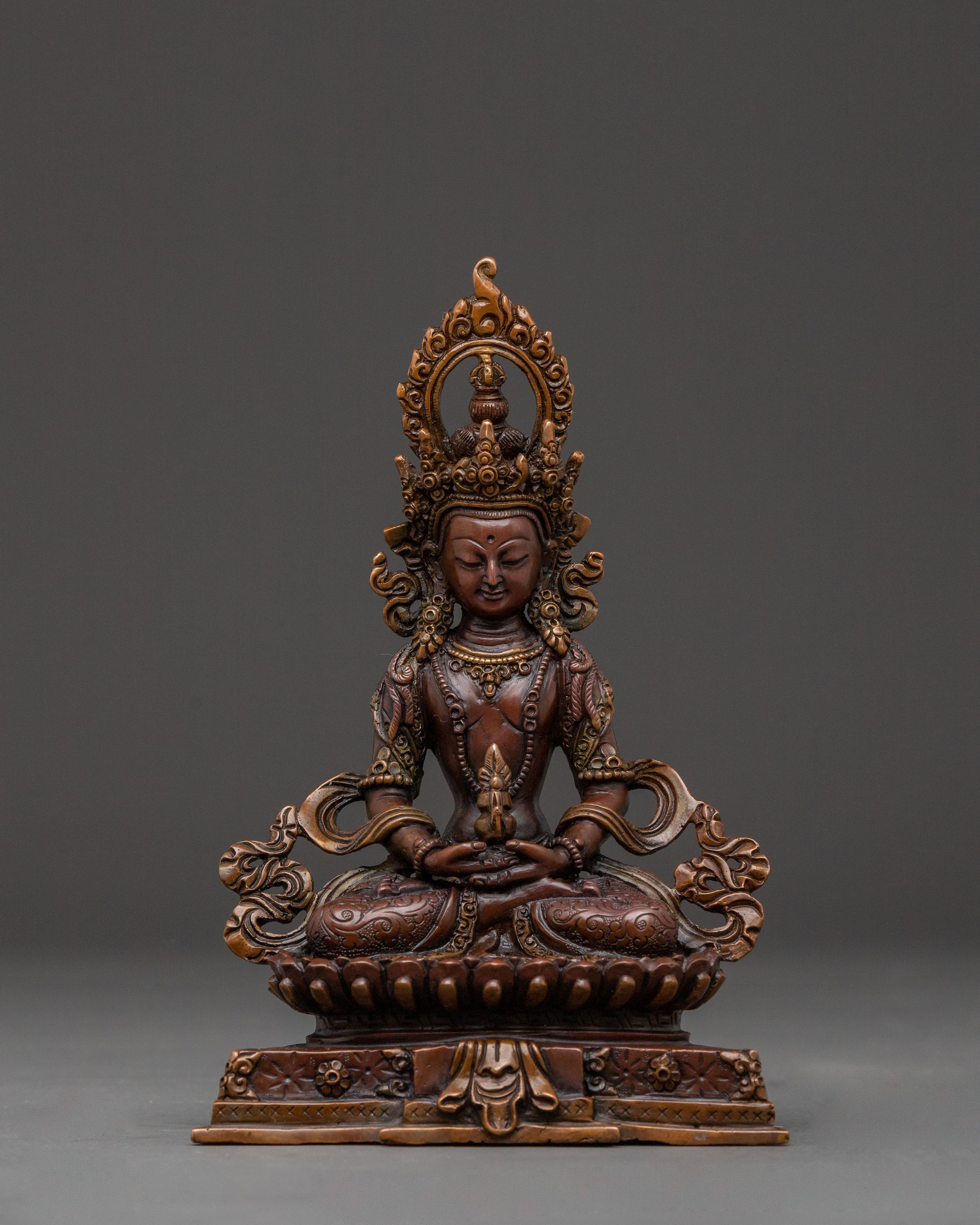 Amitayus Peaceful Longevity Statue - Oxidized Copper