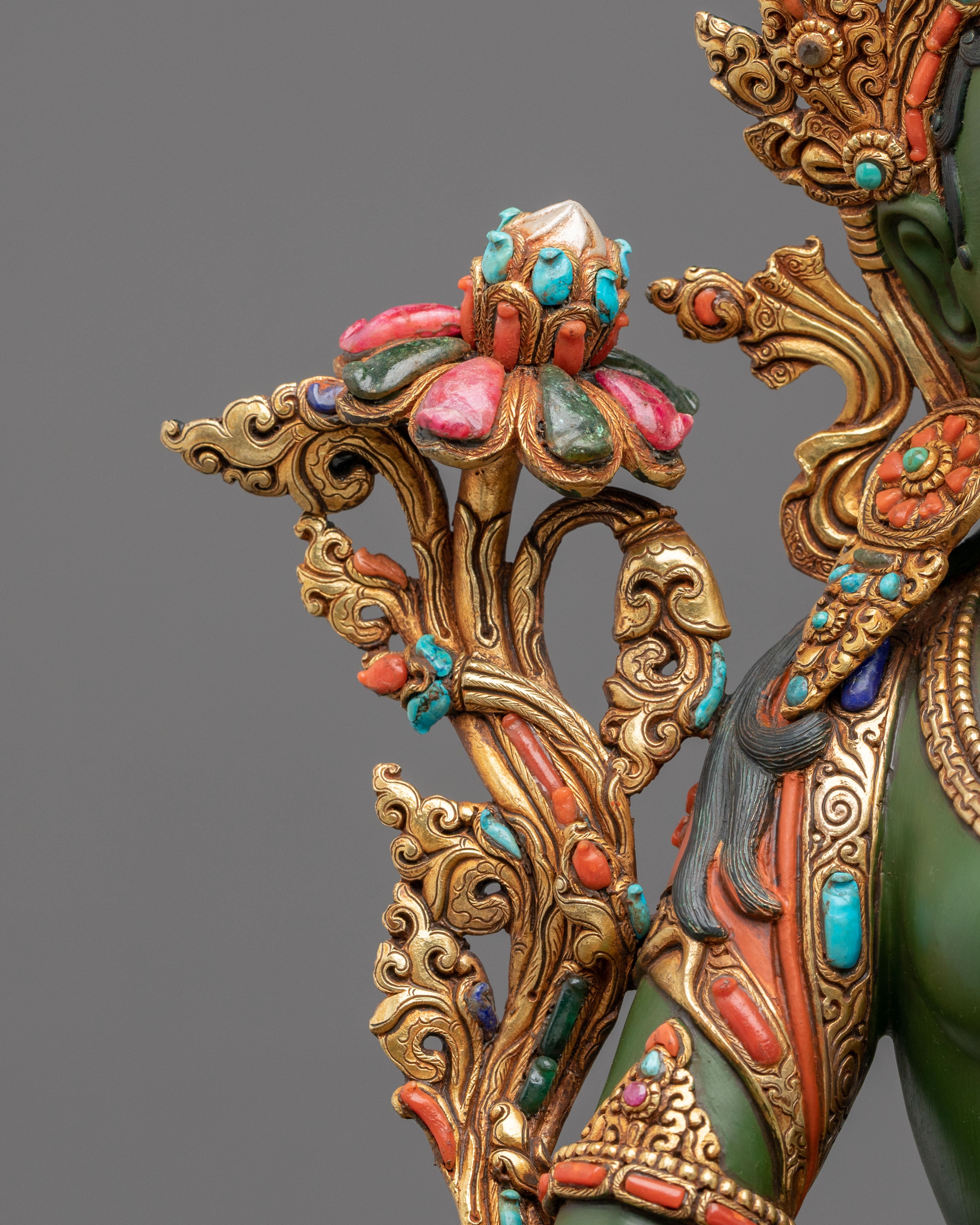 Green Tara Sculpture | Handmade Statue Adorned with Gemstones