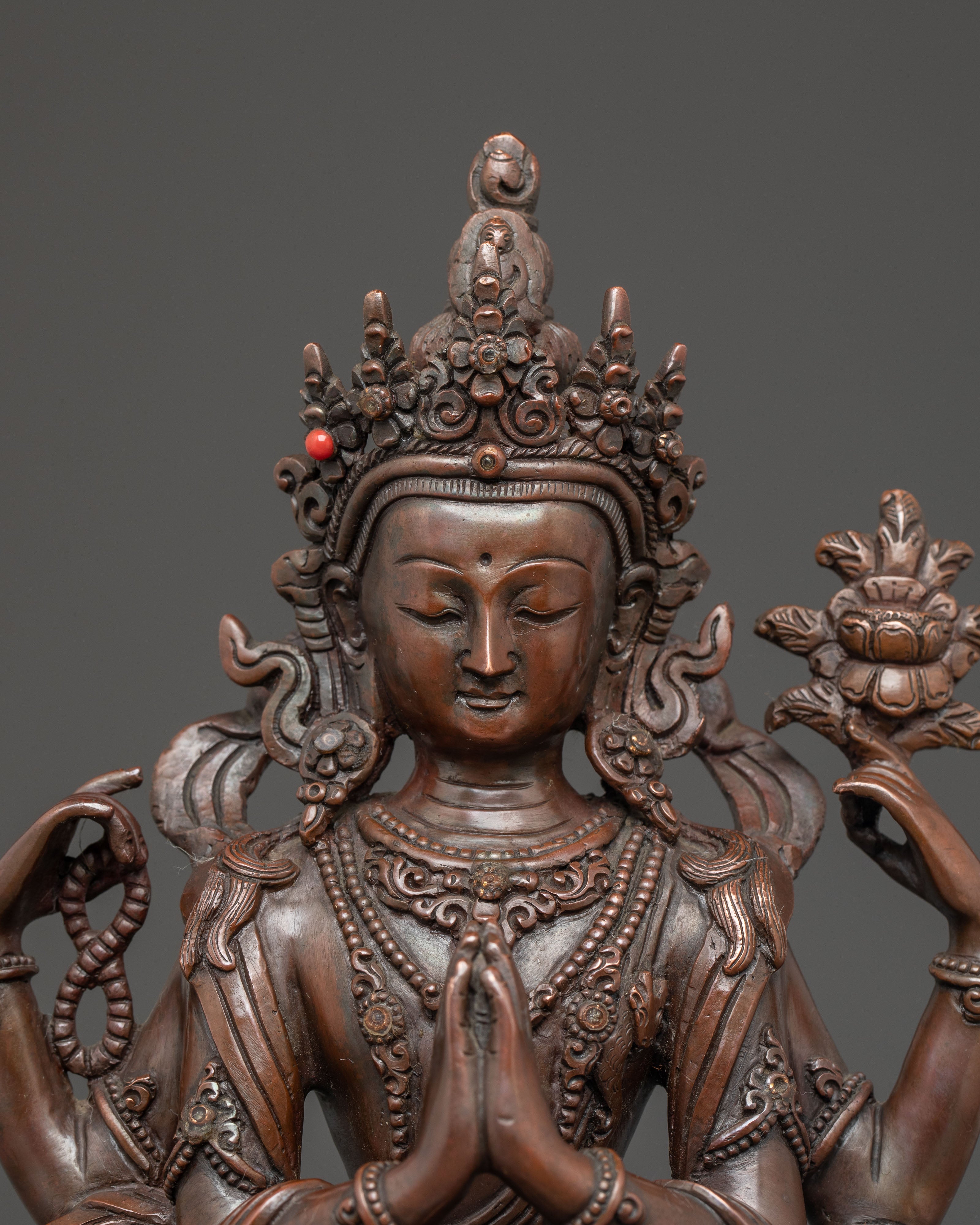 Handmade Copper Chenrezig Statue of Compassion | Avalokiteshvara Figurine