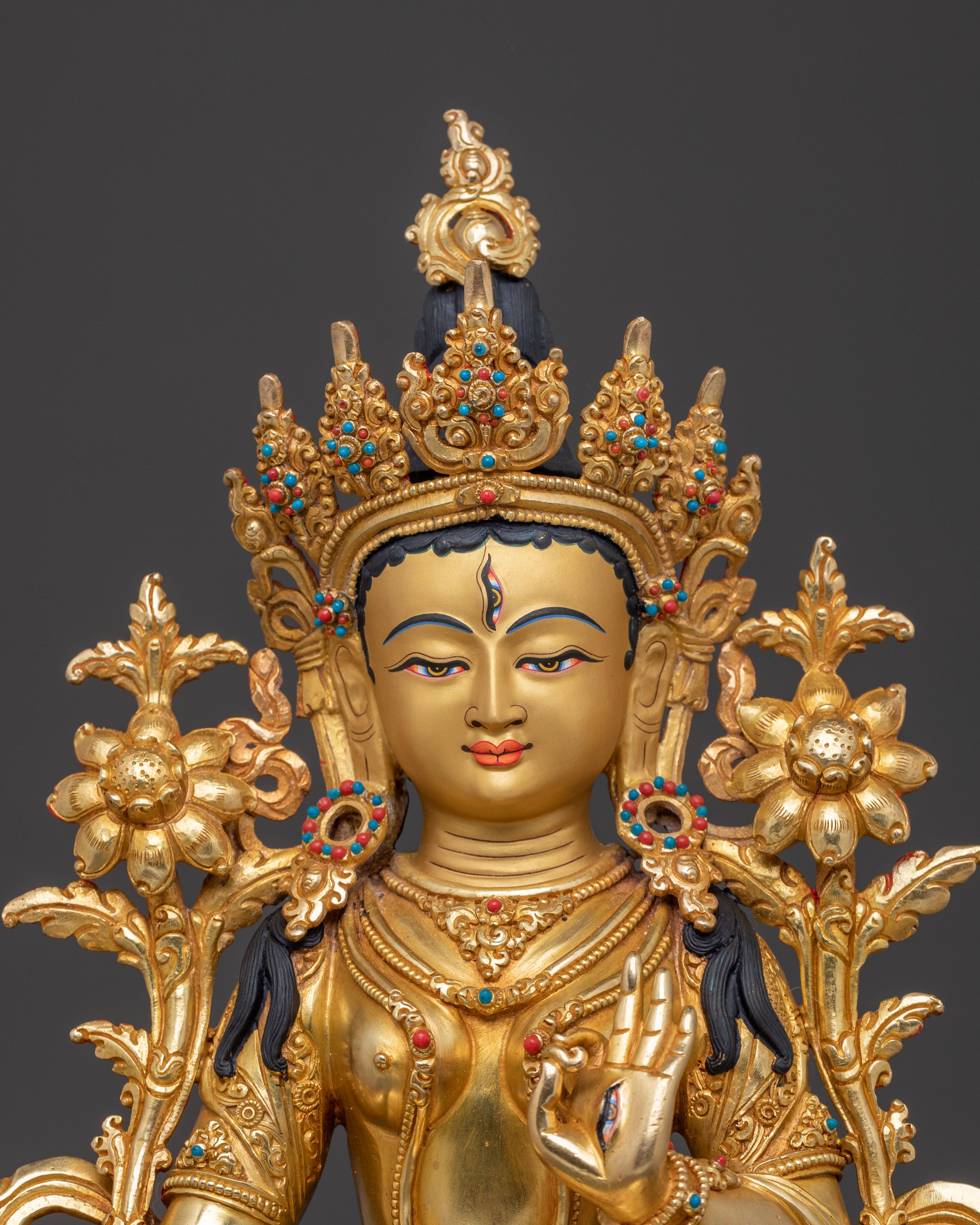 Radiant Golden Statue of White Tara | Copper Handcrafted Sculpture
