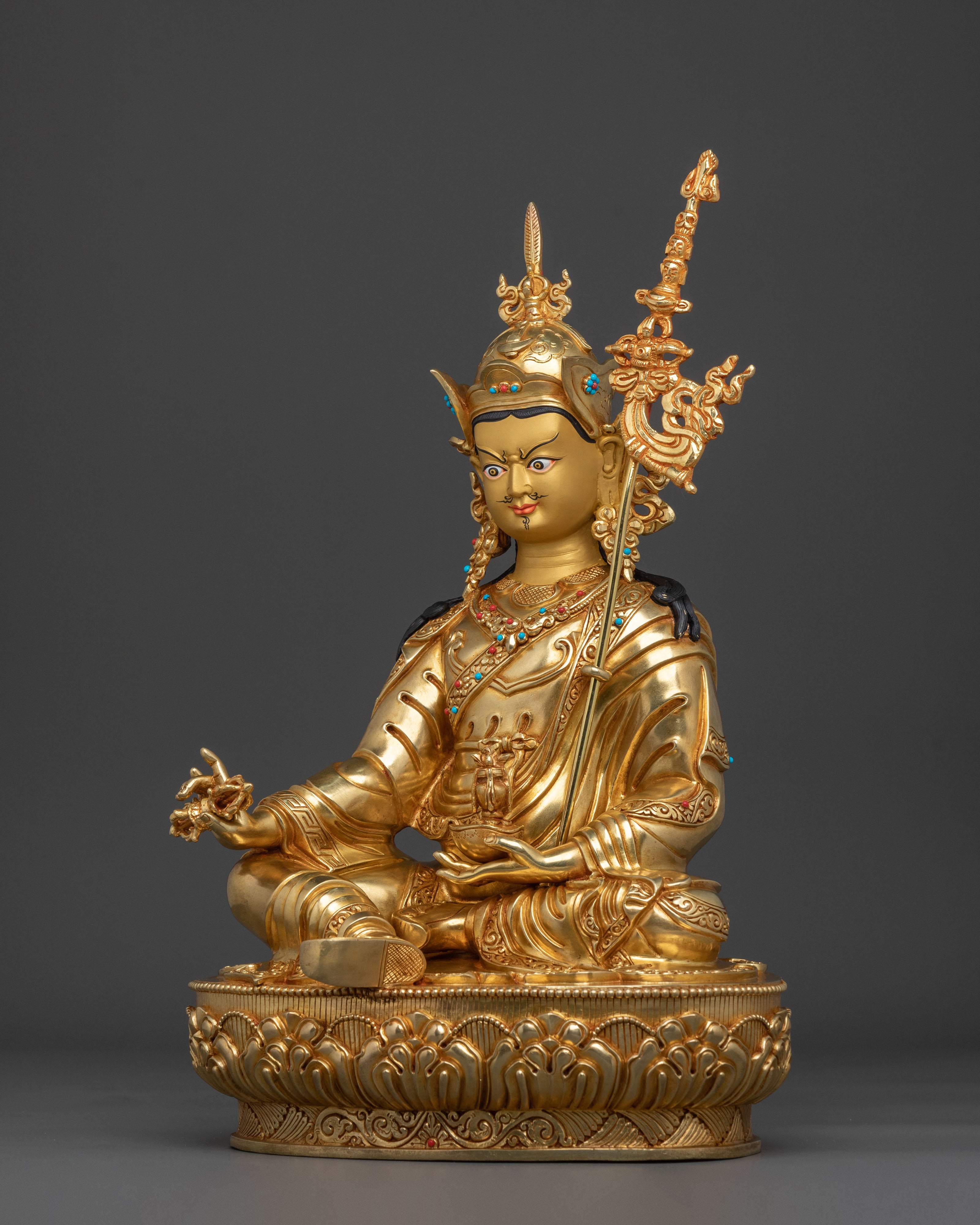 Buddhist Precious Figurine of Guru Rinpoche in Glimmering 24K Gold