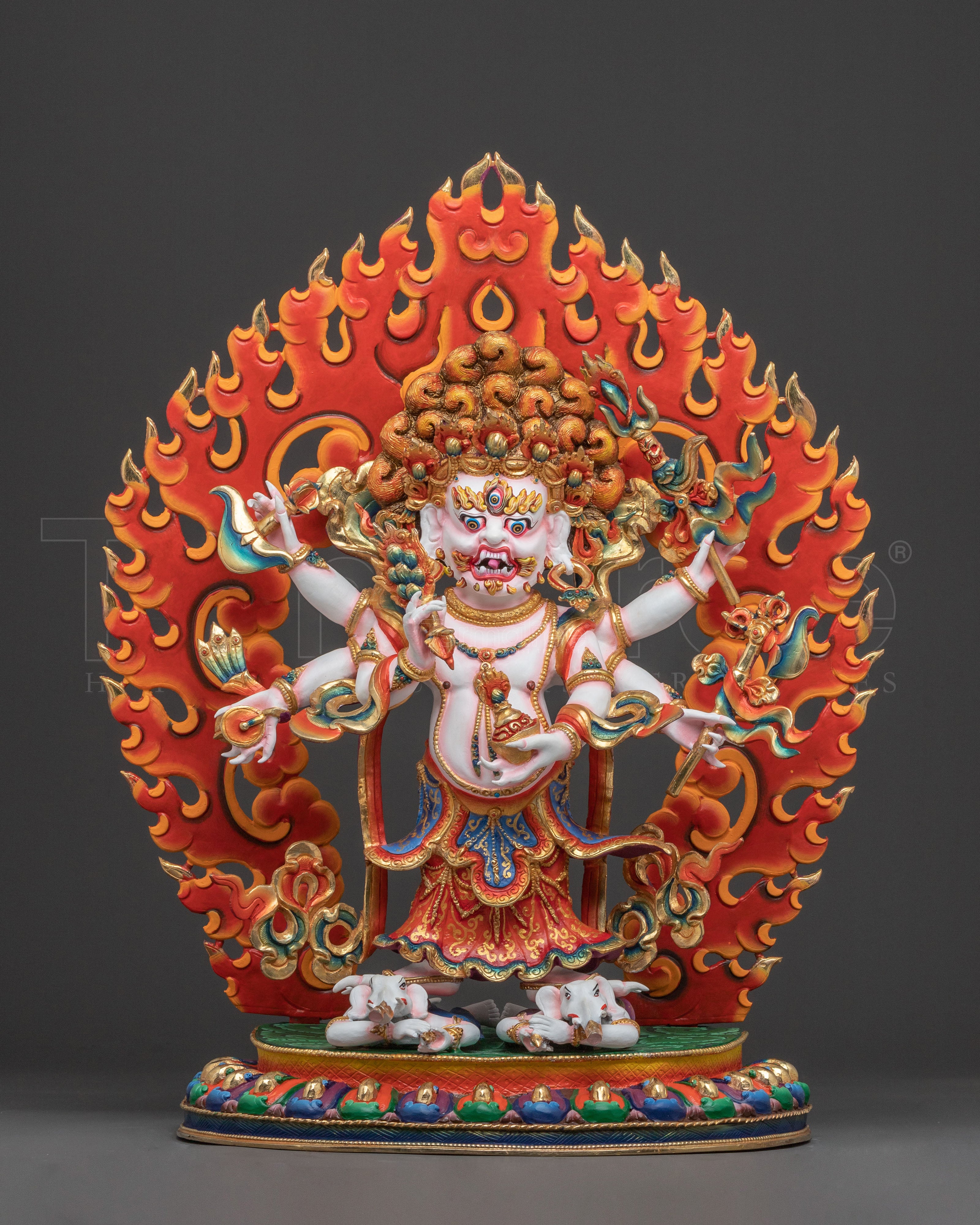 Handcrafted Copper White Mahakala Statue - Exquisite 24K Gilded Artistry
