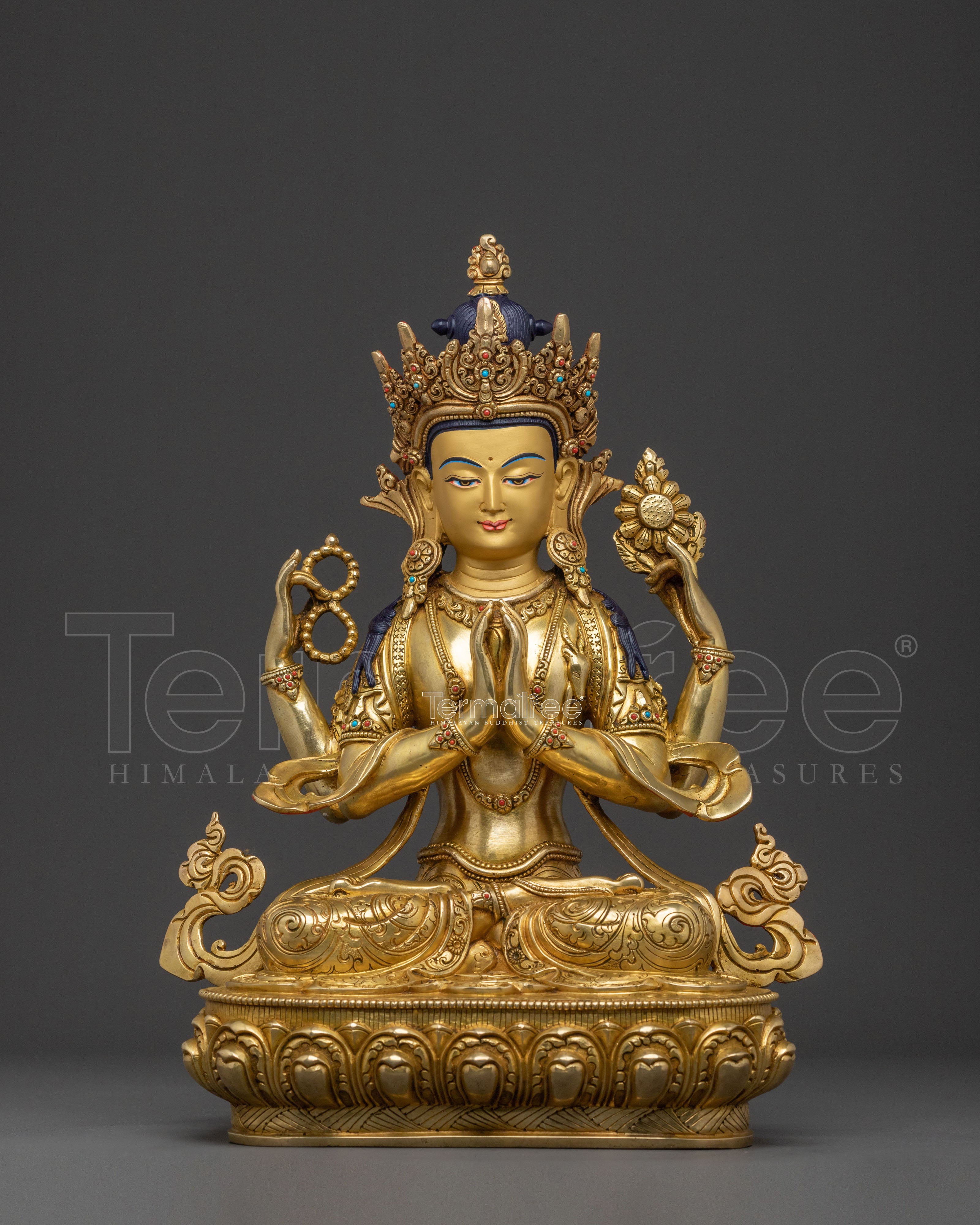 Handcrafted Chenrezig Traditional Statue: 24K Gold Gilded