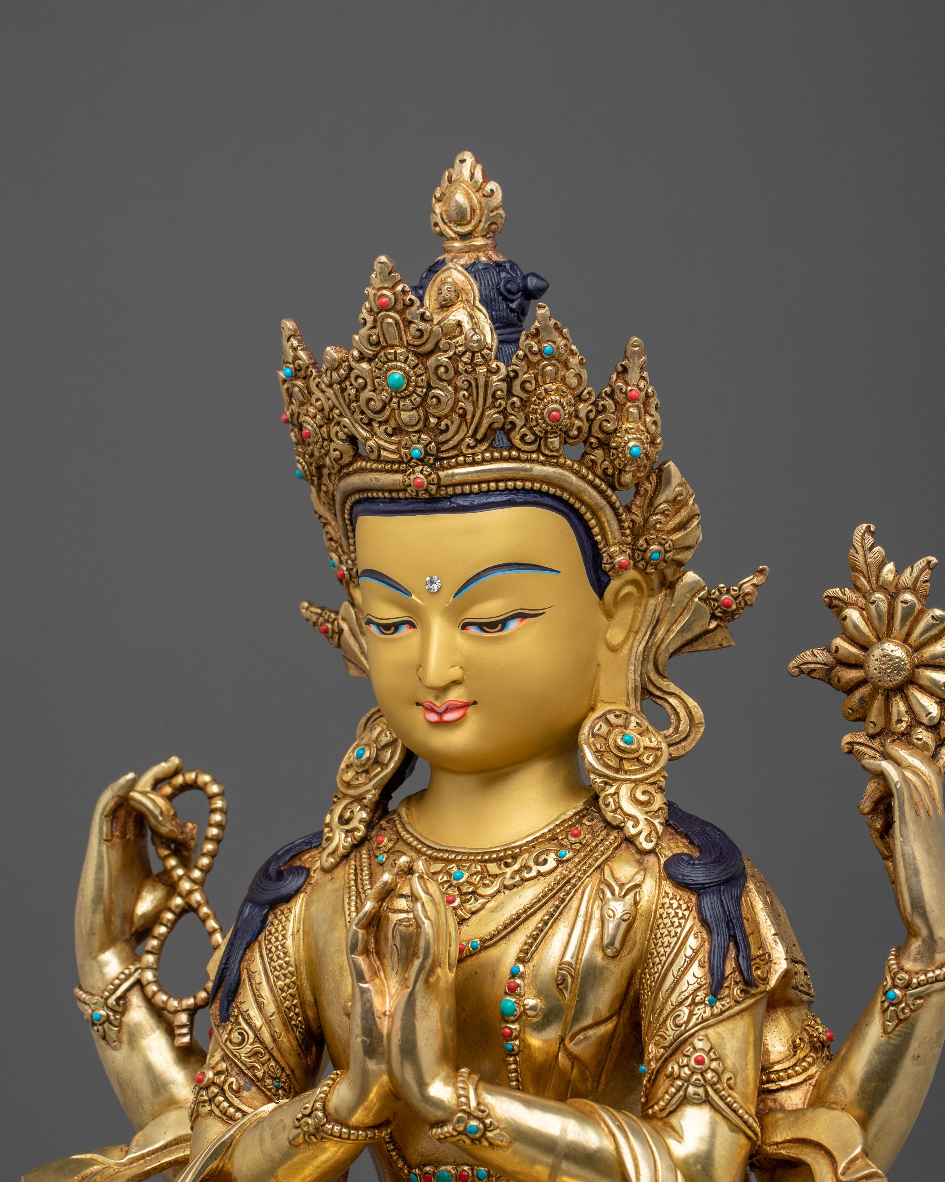 Four-Armed Chenrezig Sculpture | 31.5cm Golden Figurine