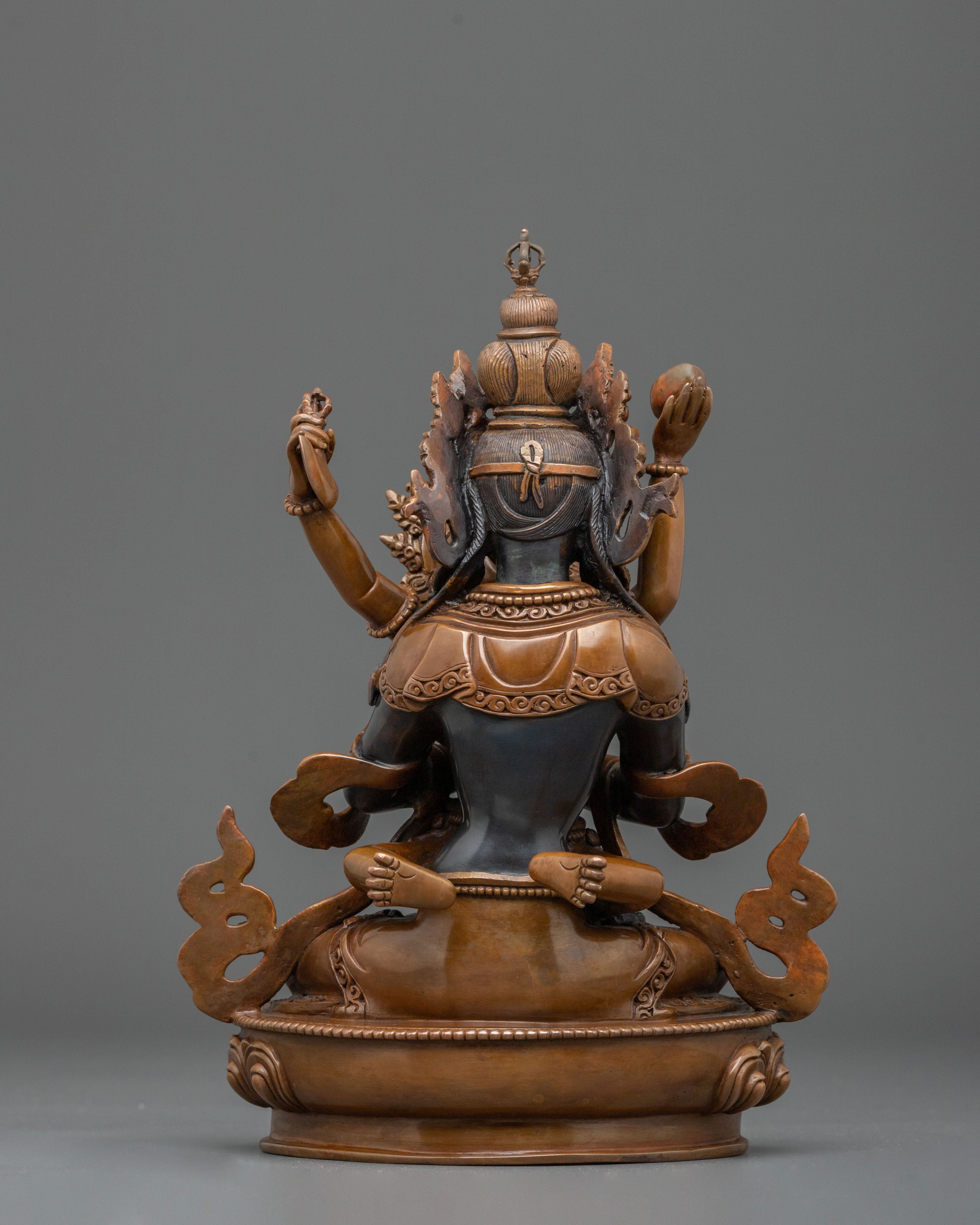 Vajradhara Sacred Sculpture with Consort: Oxidized Copper Staue