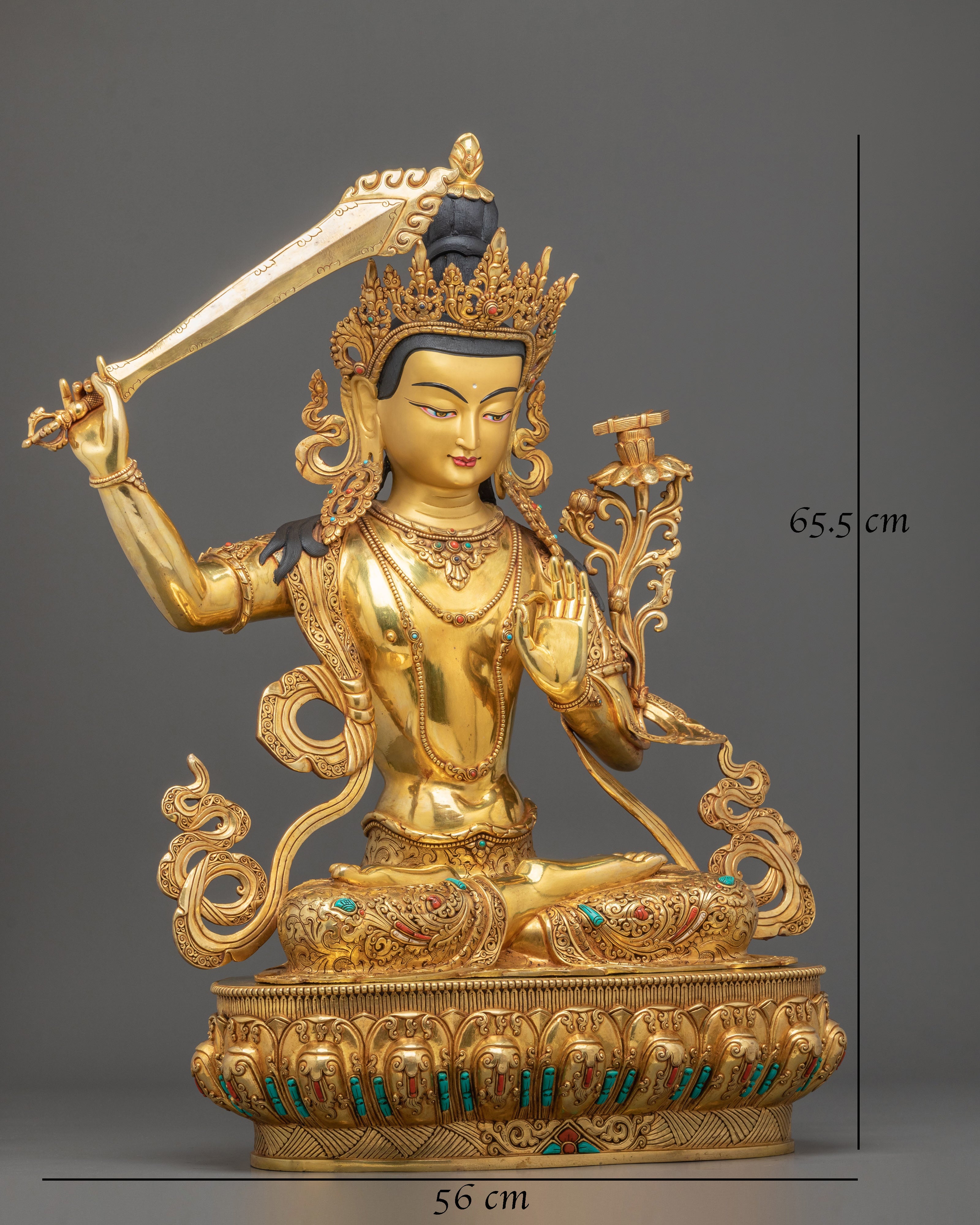 Manjushri 24k Gold Gilded Sculpture | Tibetan Wisdom Bodhisattva