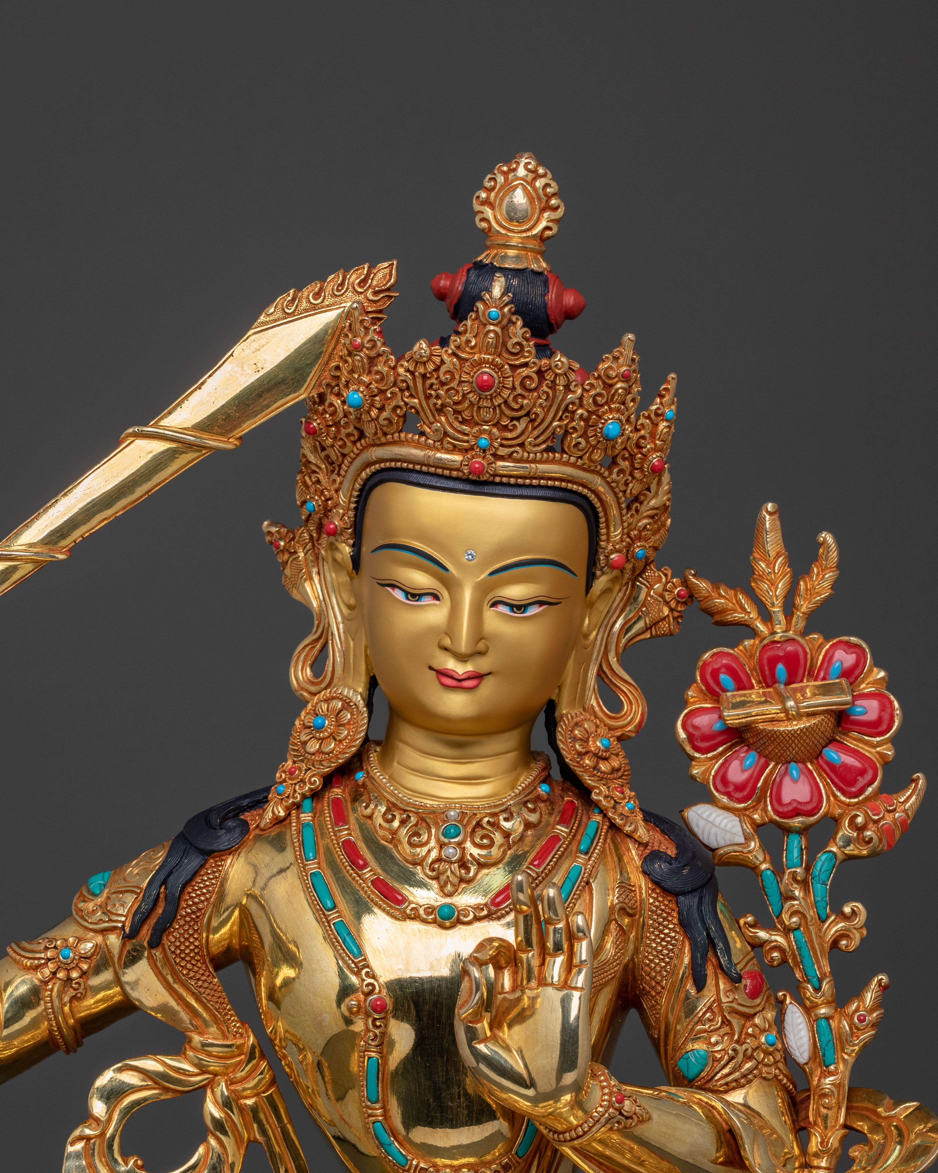 Manjushri: 24K Gold Gilded Buddhist Bodhisattva Manjushri Statue