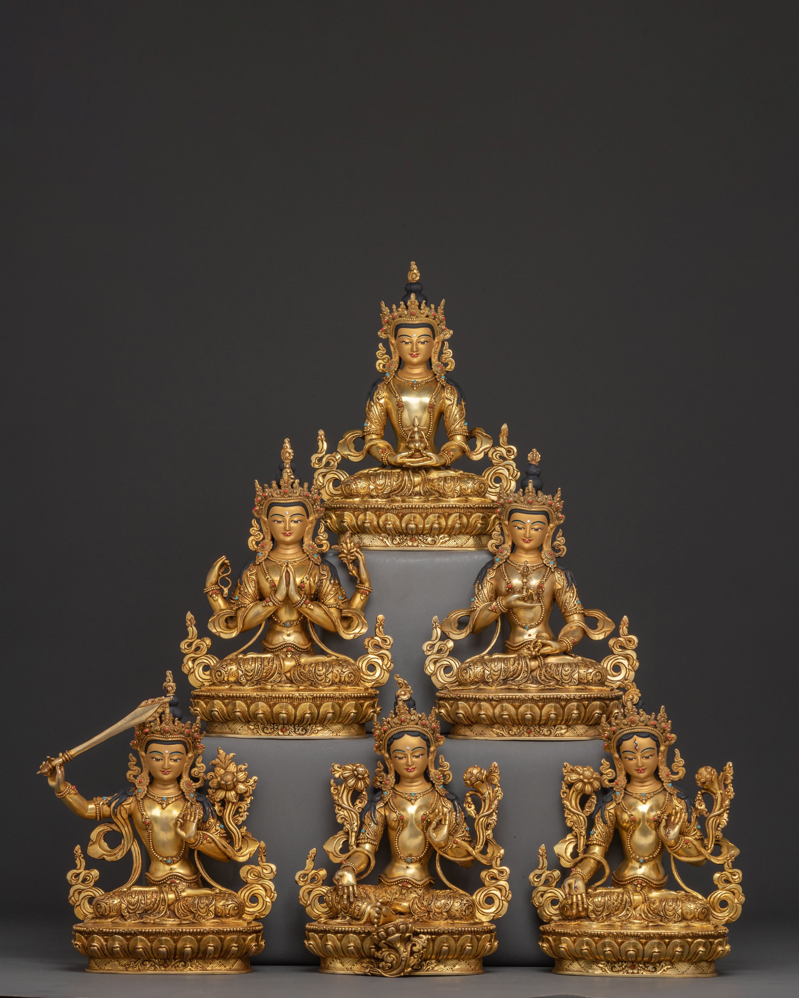 24K Gold Gilded Six Bodhisattva Spiritual Statue Set