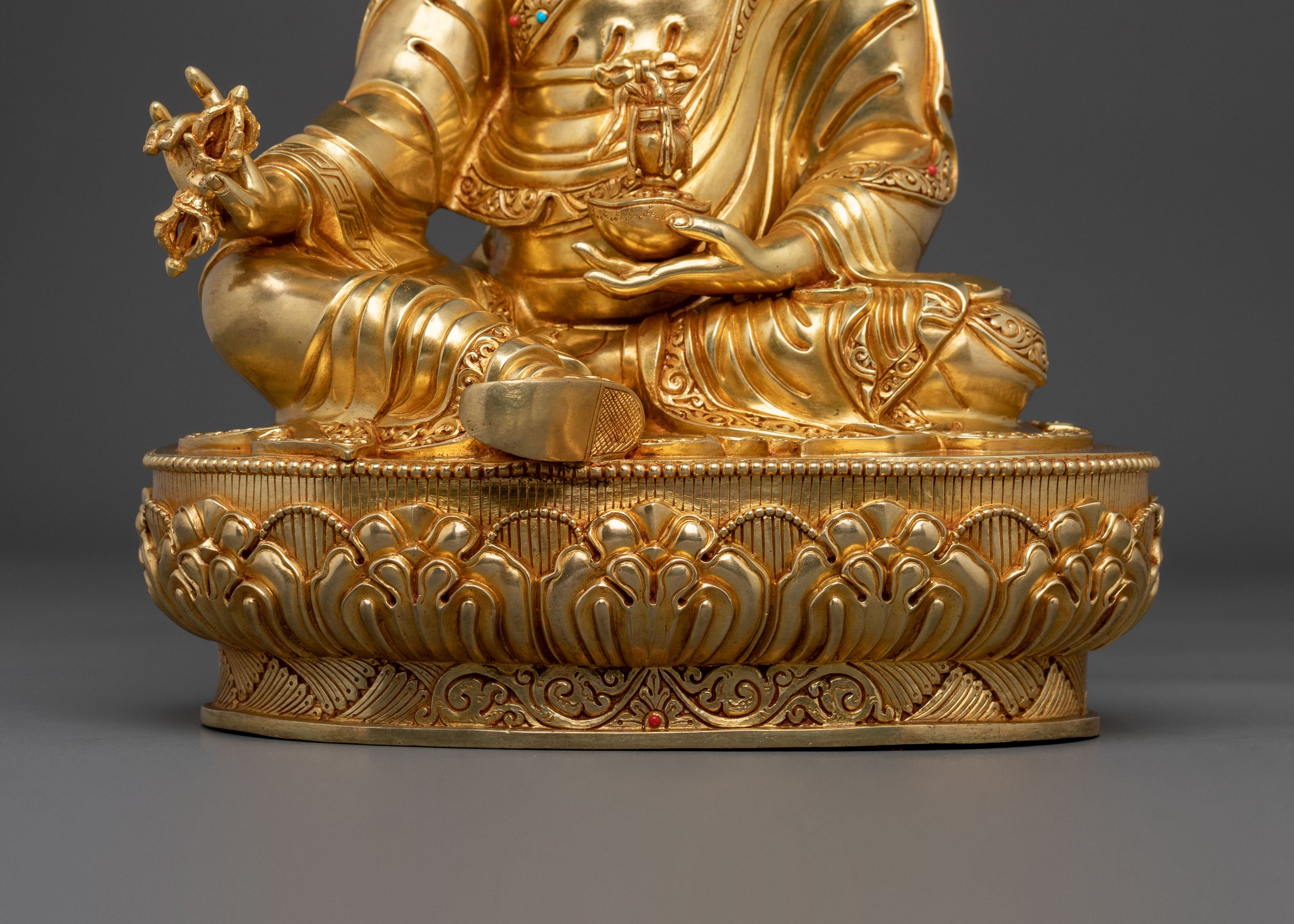 Buddhist Precious Figurine of Guru Rinpoche in Glimmering 24K Gold