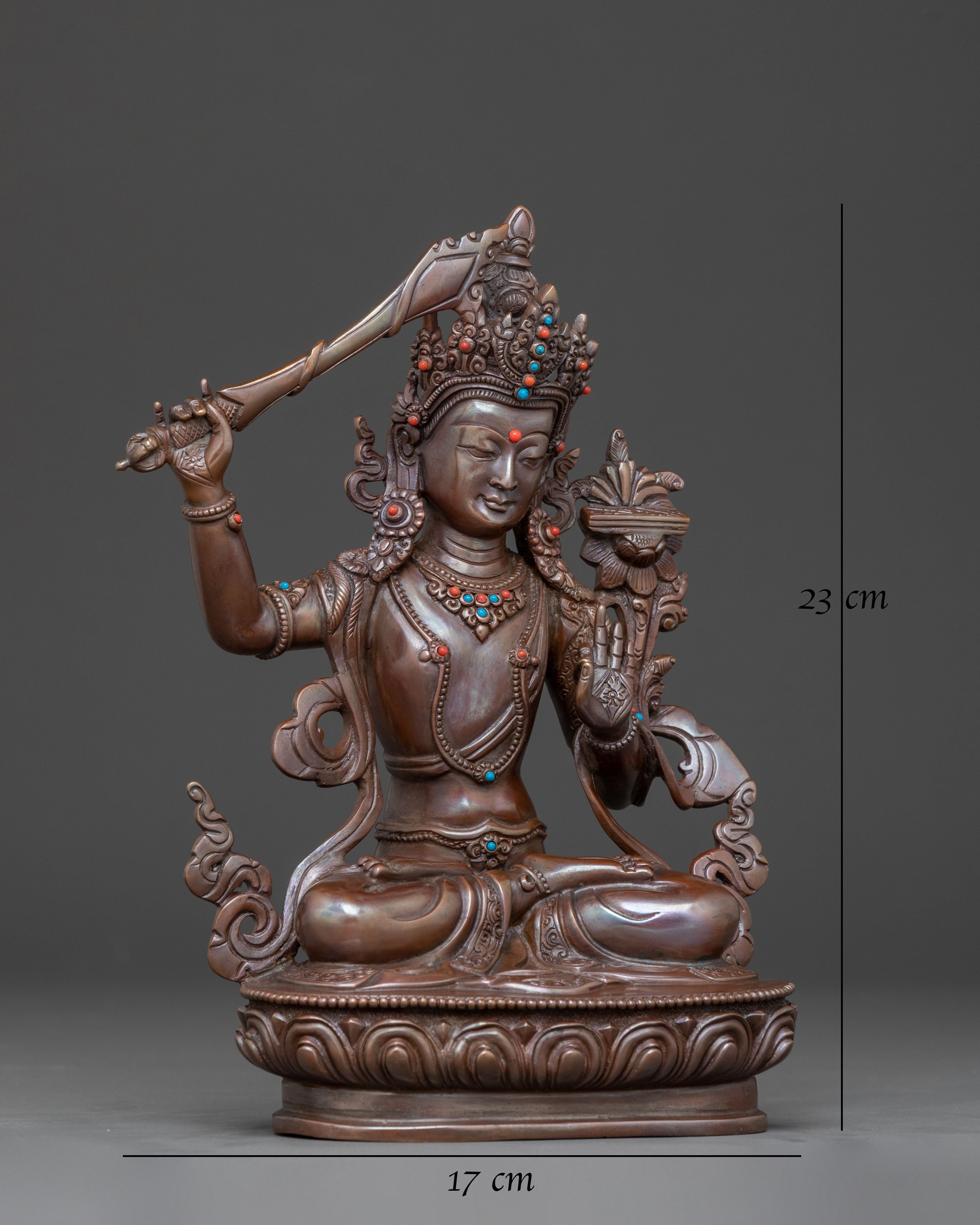 Manjushri Sword of Wisdom Statue - Oxidized Copper Art