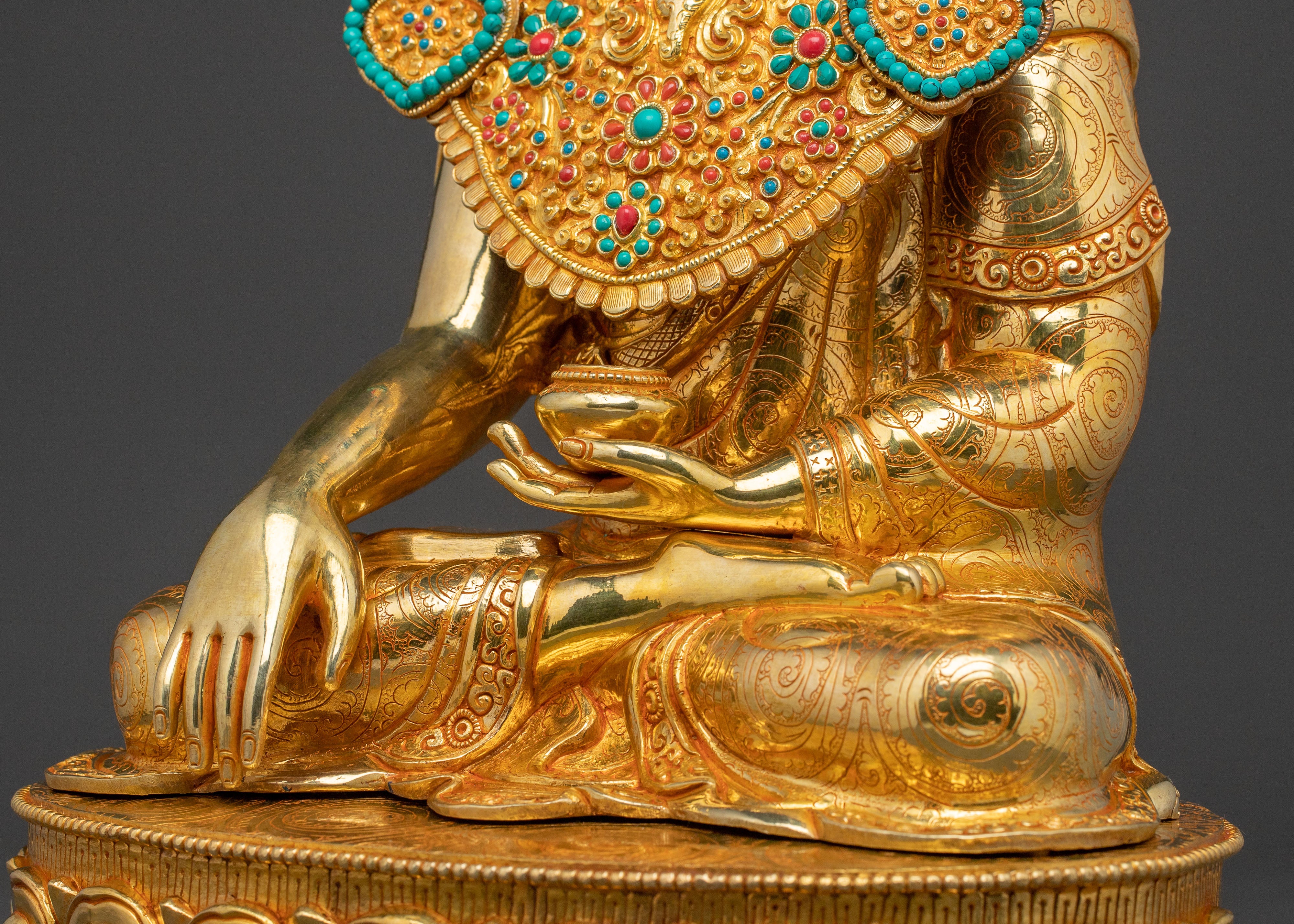 24k Gold Gilded Shakyamuni Buddha Statue with Crown