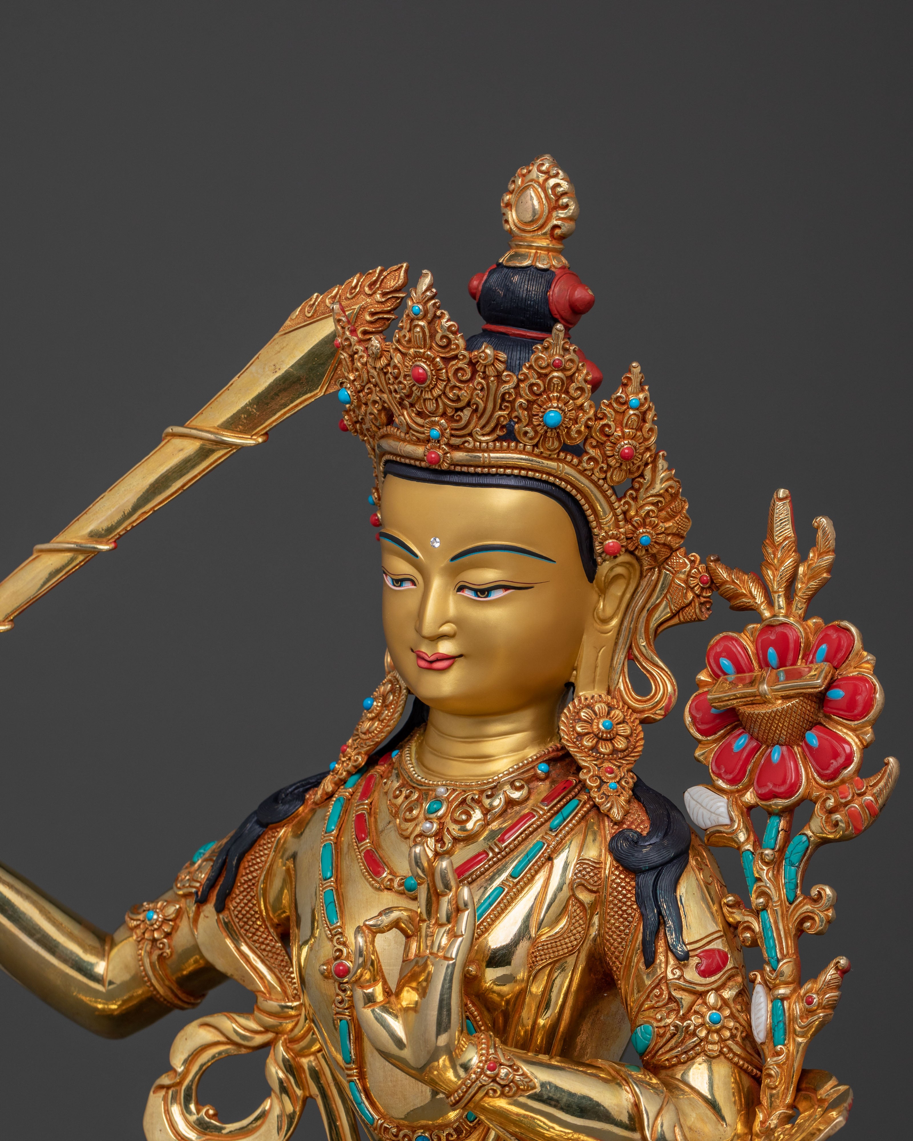 Manjushri: 24K Gold Gilded Buddhist Bodhisattva Manjushri Statue