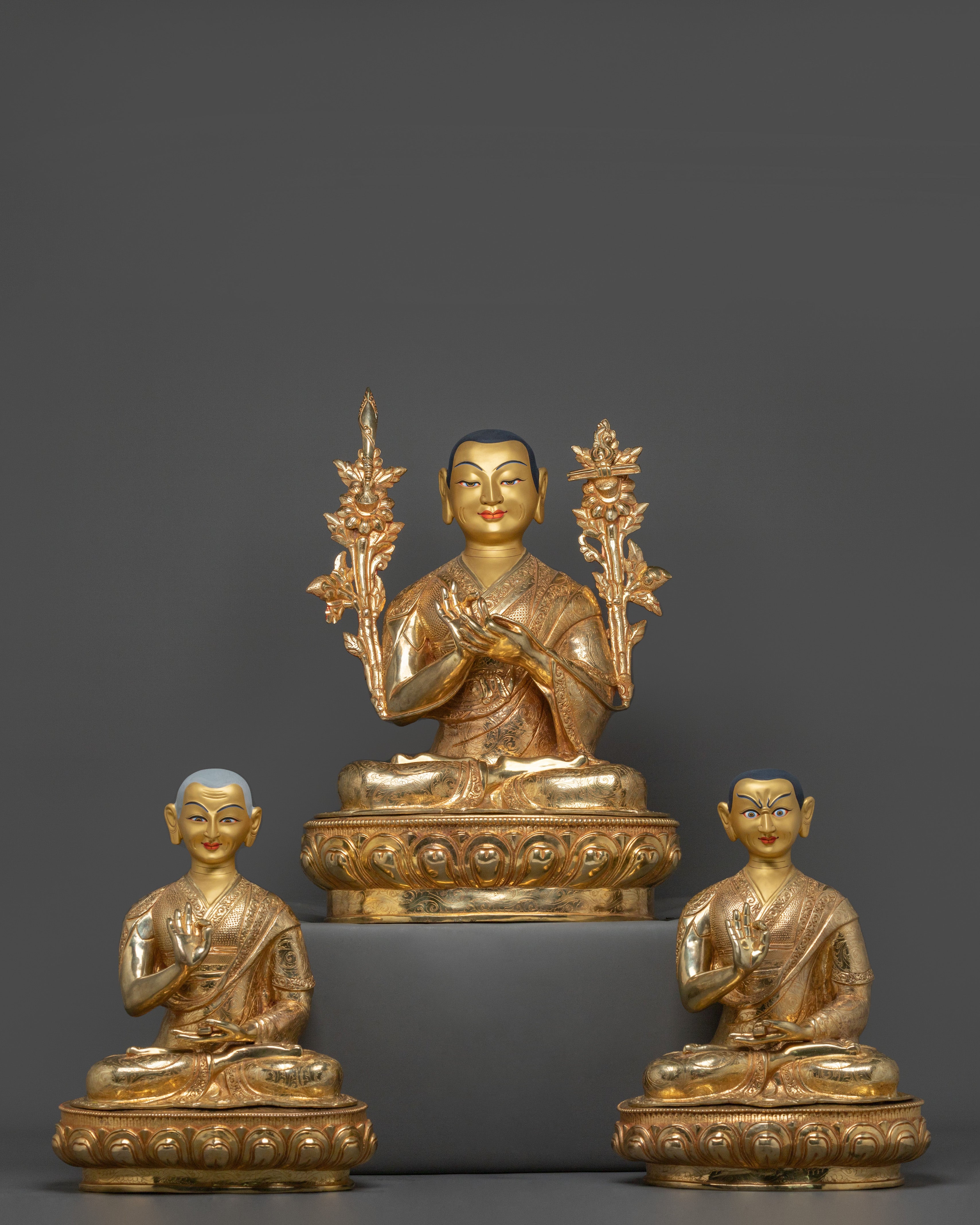 Tsongkhapa with Disciples Golden Statue Set | Buddhist Sculpture for Wisdom